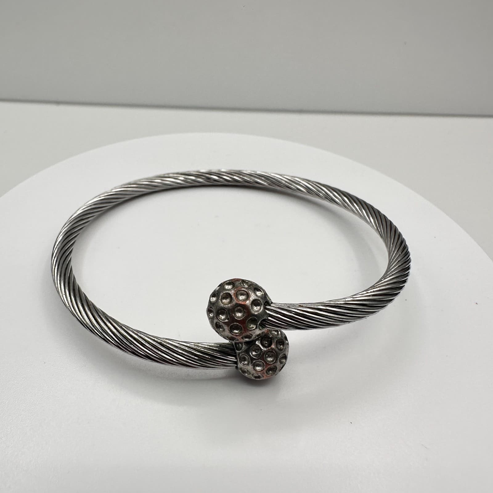 Vintage 90s Silver Tone Twisted Cable Cuff Bracelet Textured Ball Jewelry - Thumbnail 6