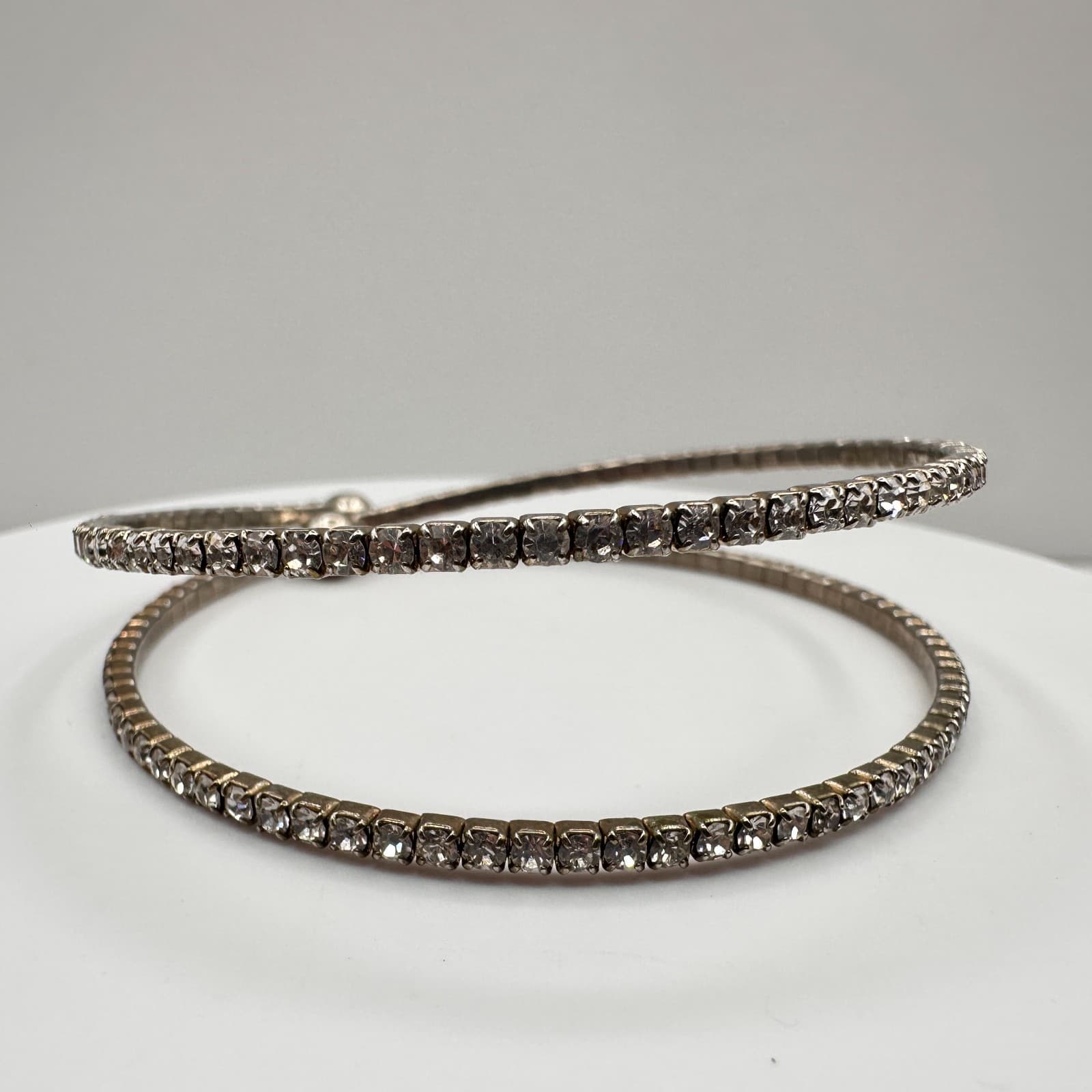 Vintage 90s Silver Tone Clear Glass Double Wrap Coil Bypass Bangle Bracelet - Image 1