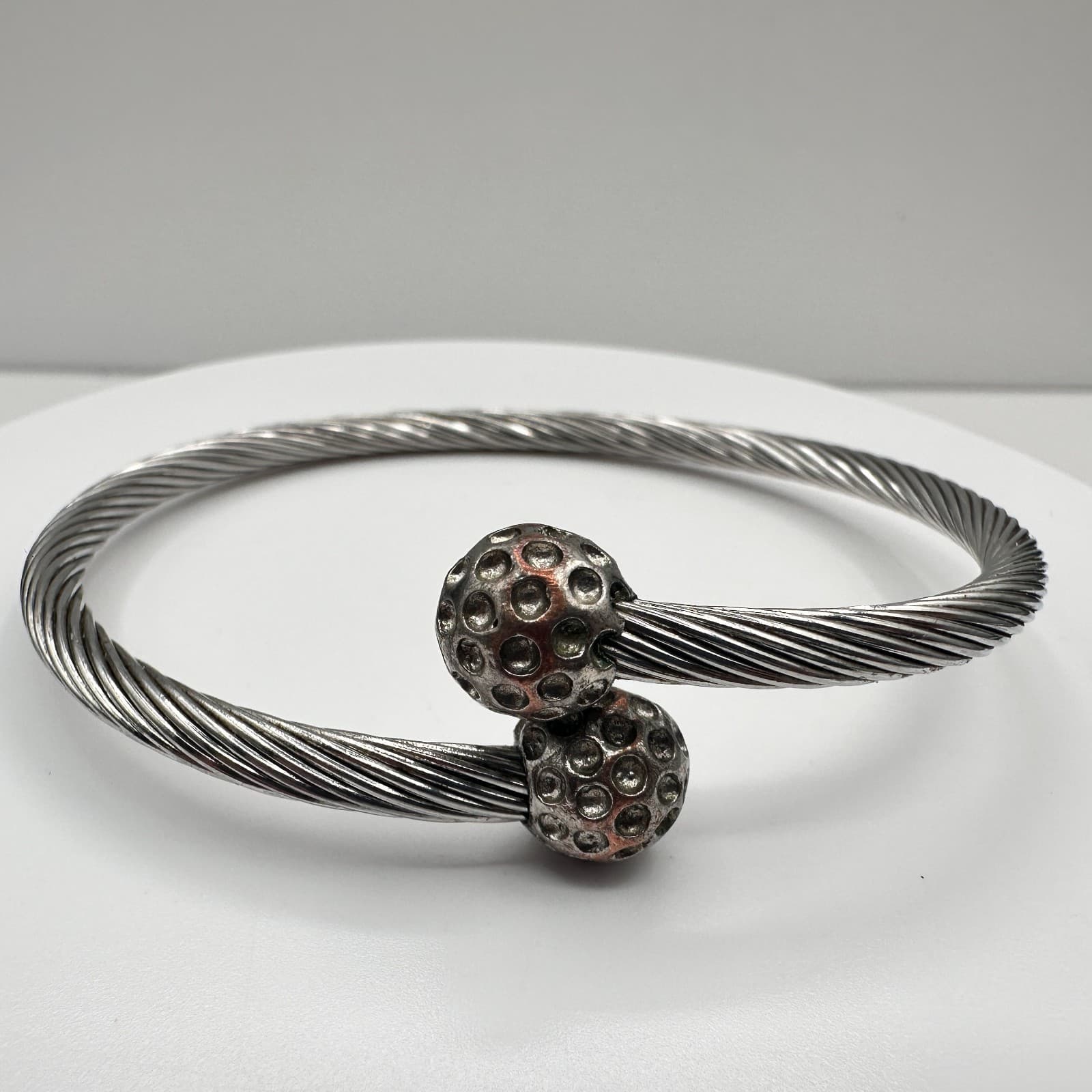 Vintage 90s Silver Tone Twisted Cable Cuff Bracelet Textured Ball Jewelry - Image 1
