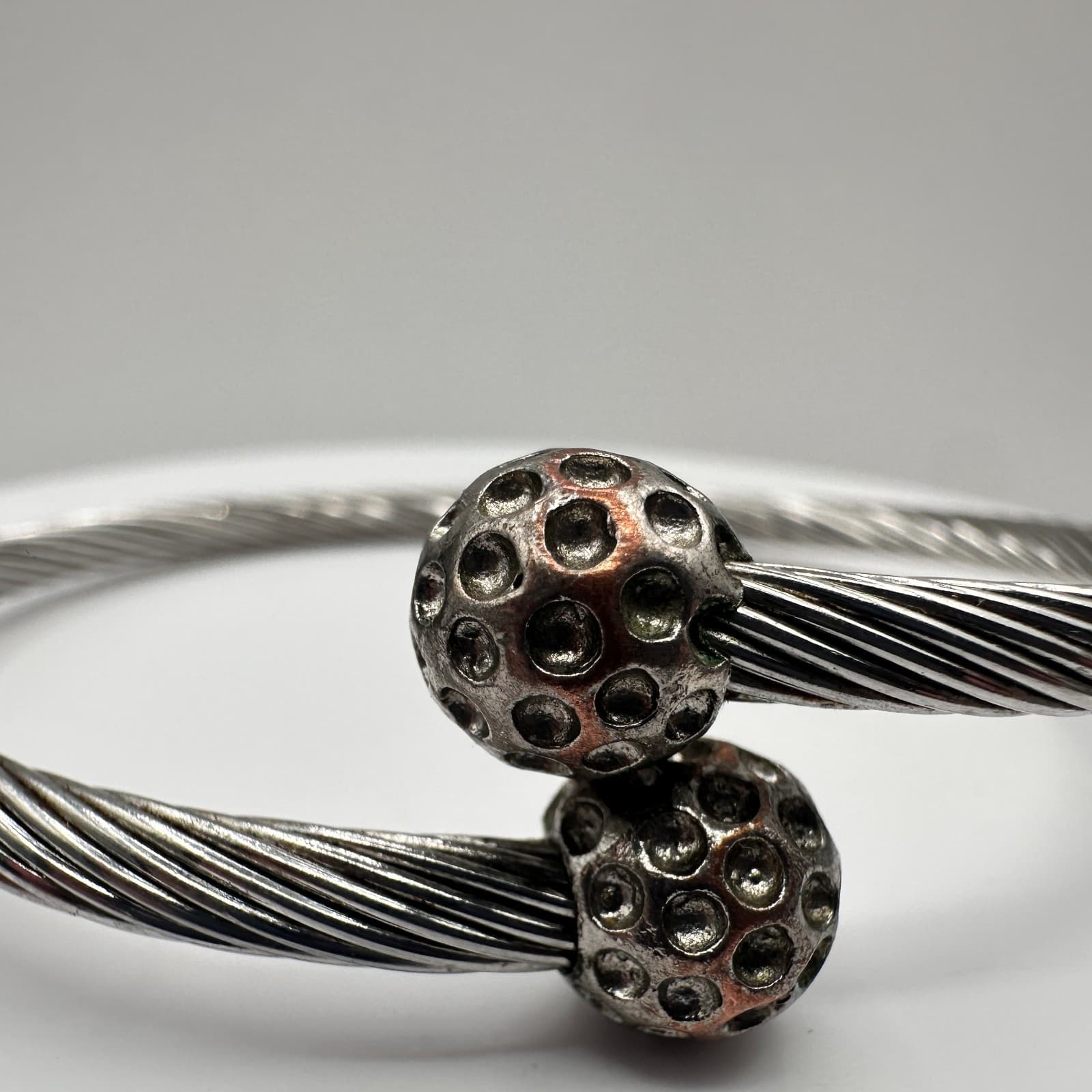 Vintage 90s Silver Tone Twisted Cable Cuff Bracelet Textured Ball Jewelry - Thumbnail 2