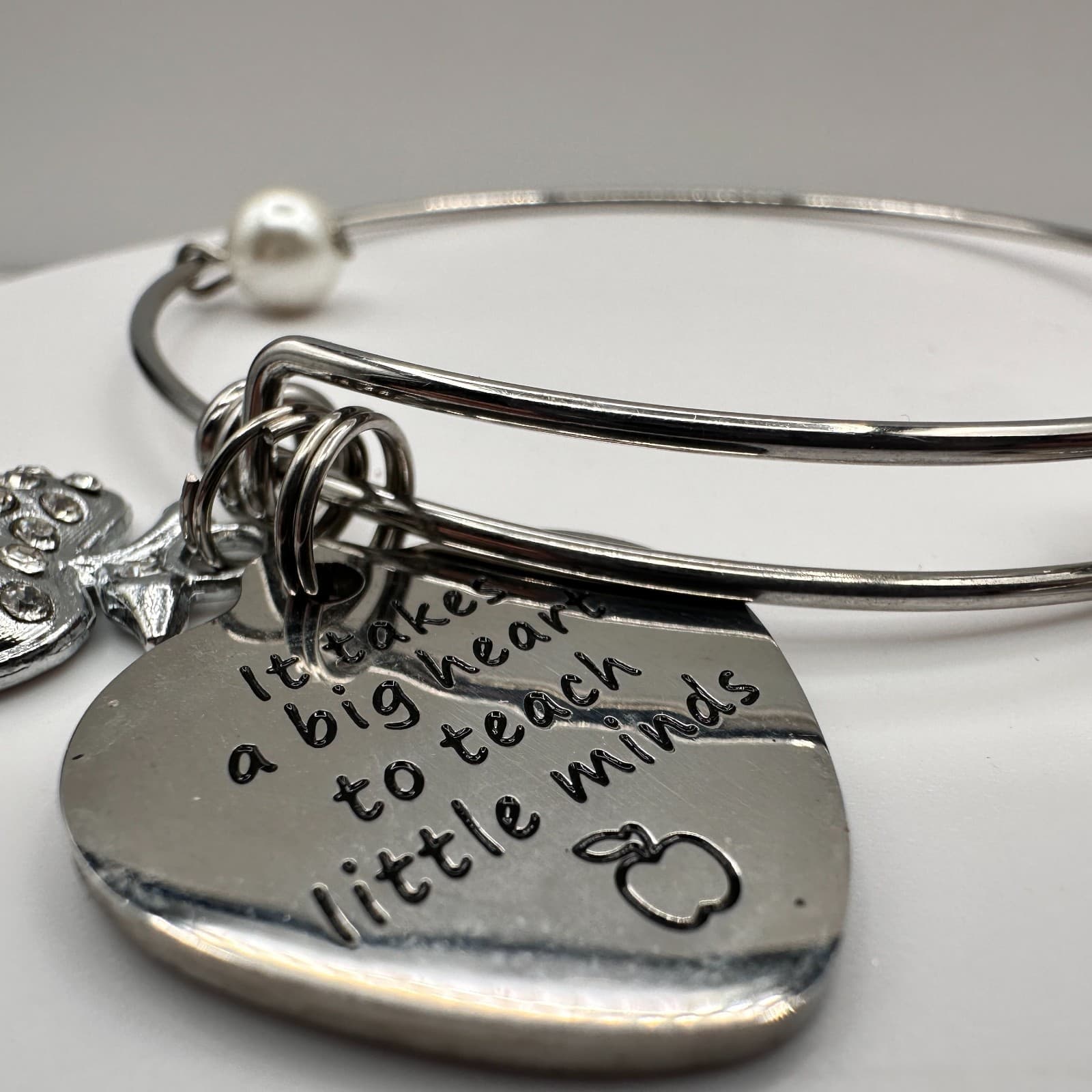 Vintage 90s Silver Tone Teacher Bangle Bracelet Apple Heart Initial M Charm - Thumbnail 5