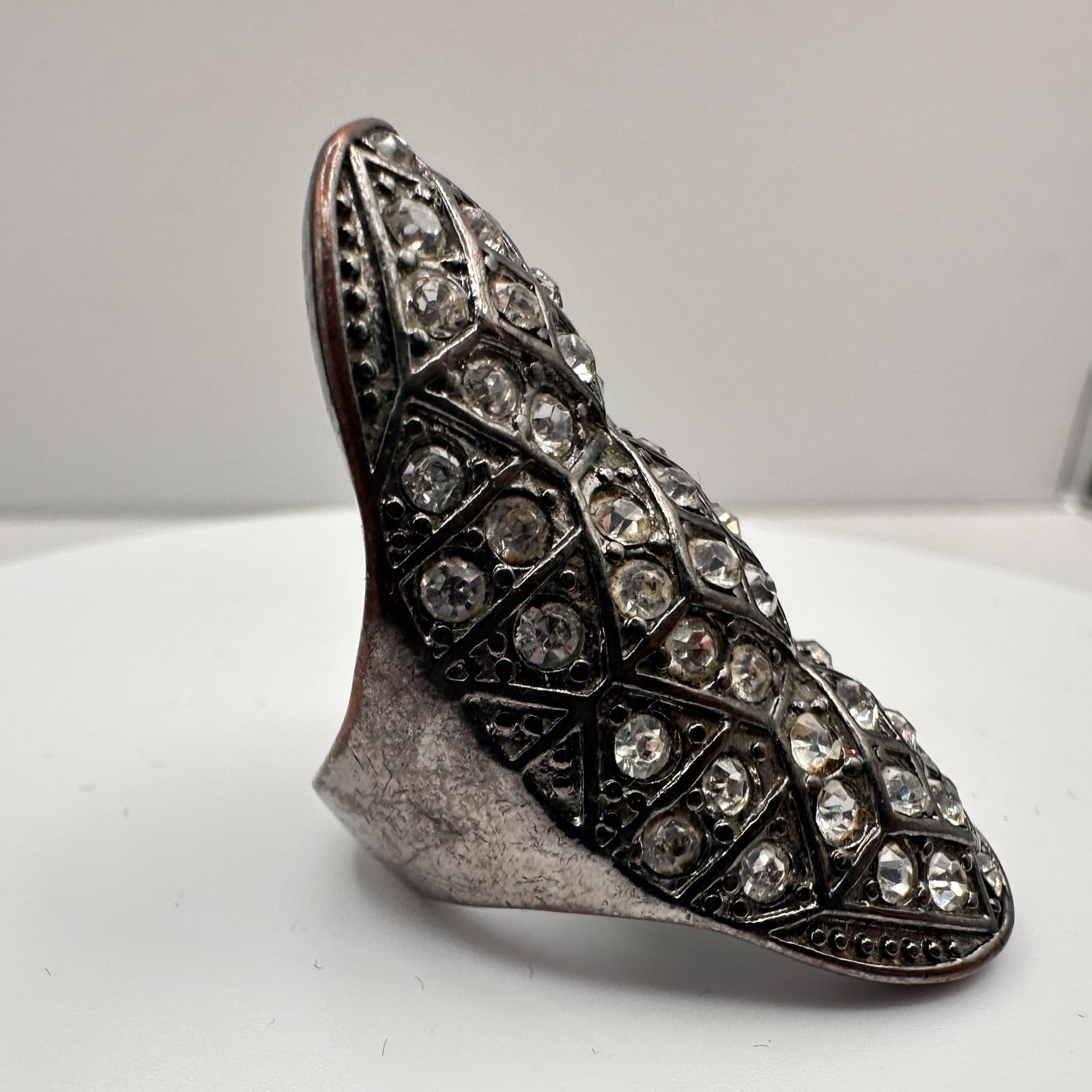 Vintage 90s Clear Glass Rhinestone Statement Geometric Ring Silver Tone Jewelry - Thumbnail 2