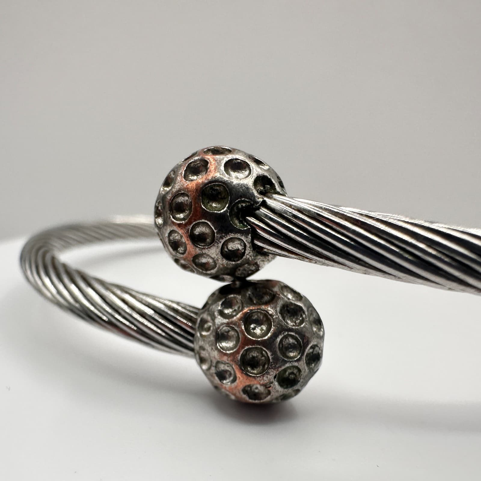 Vintage 90s Silver Tone Twisted Cable Cuff Bracelet Textured Ball Jewelry - Thumbnail 3