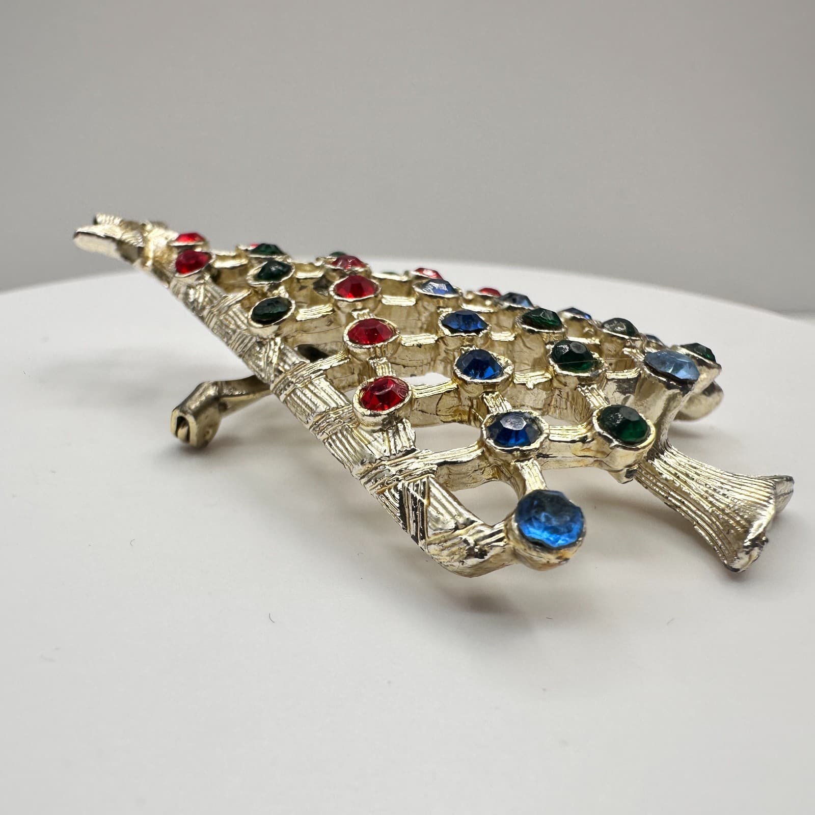 Vintage 90s Christmas Tree Holiday Brooch Pin Silver Tone Rhinestone Jewelry - Thumbnail 4