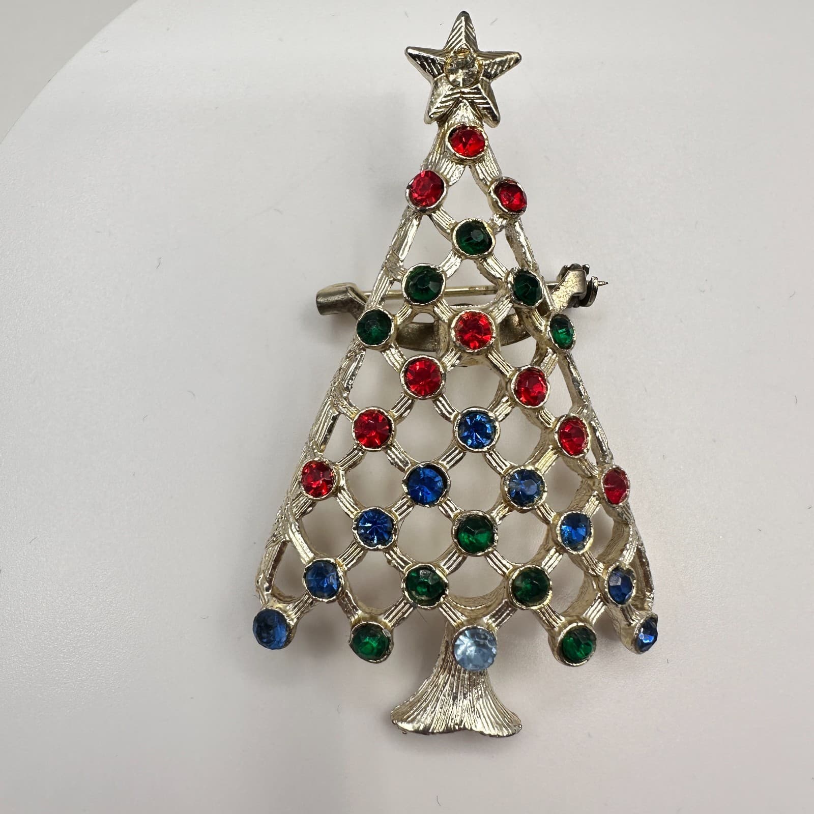 Vintage 90s Christmas Tree Holiday Brooch Pin Silver Tone Rhinestone Jewelry - Thumbnail 2