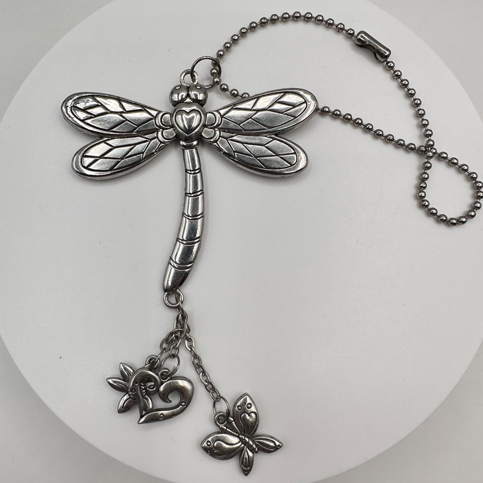 Vintage 90s Dragonfly ORNAMET Silver Tone Heart Butterfly Car Charm Jewelry - Thumbnail 2