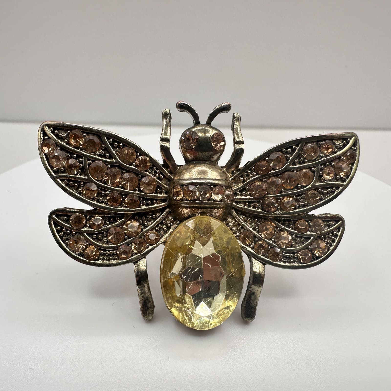 Vintage 90s Gold Tone Yellow Glass Rhinestone Bee Ring Statement Women's Jewelry - Image 1