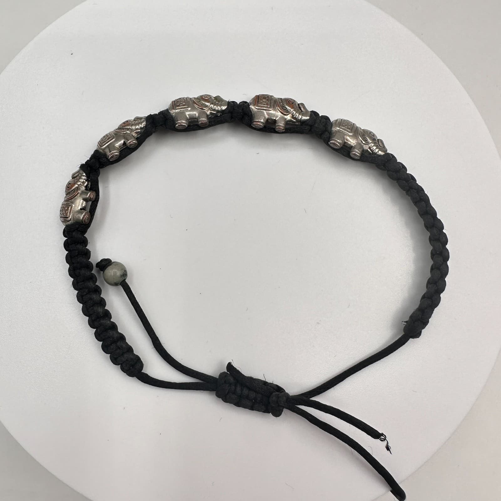 Vintage 90s Silver Tone Elephant Charm Black Braided Cord Bracelet Adjustable - Image 1