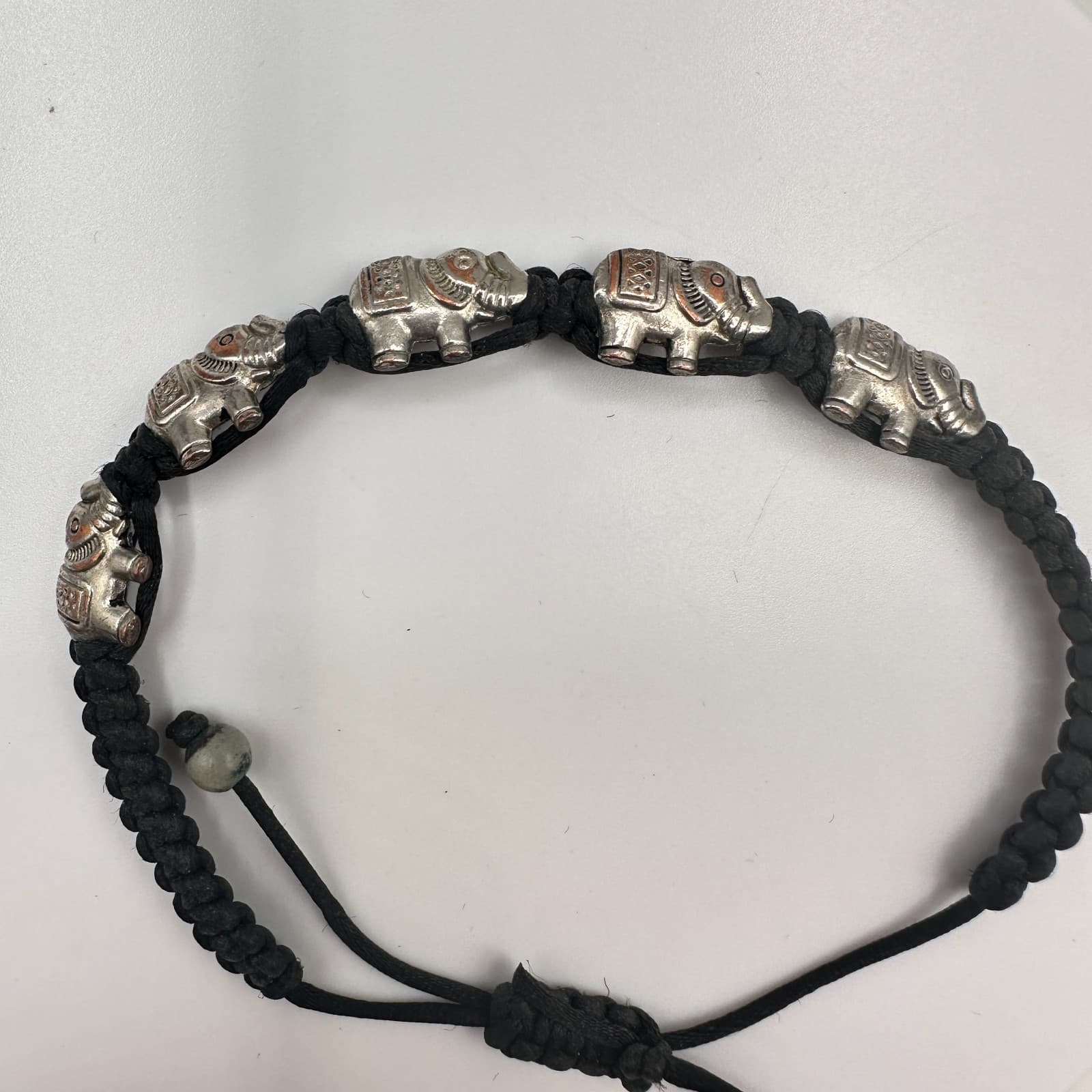 Vintage 90s Silver Tone Elephant Charm Black Braided Cord Bracelet Adjustable - Thumbnail 2