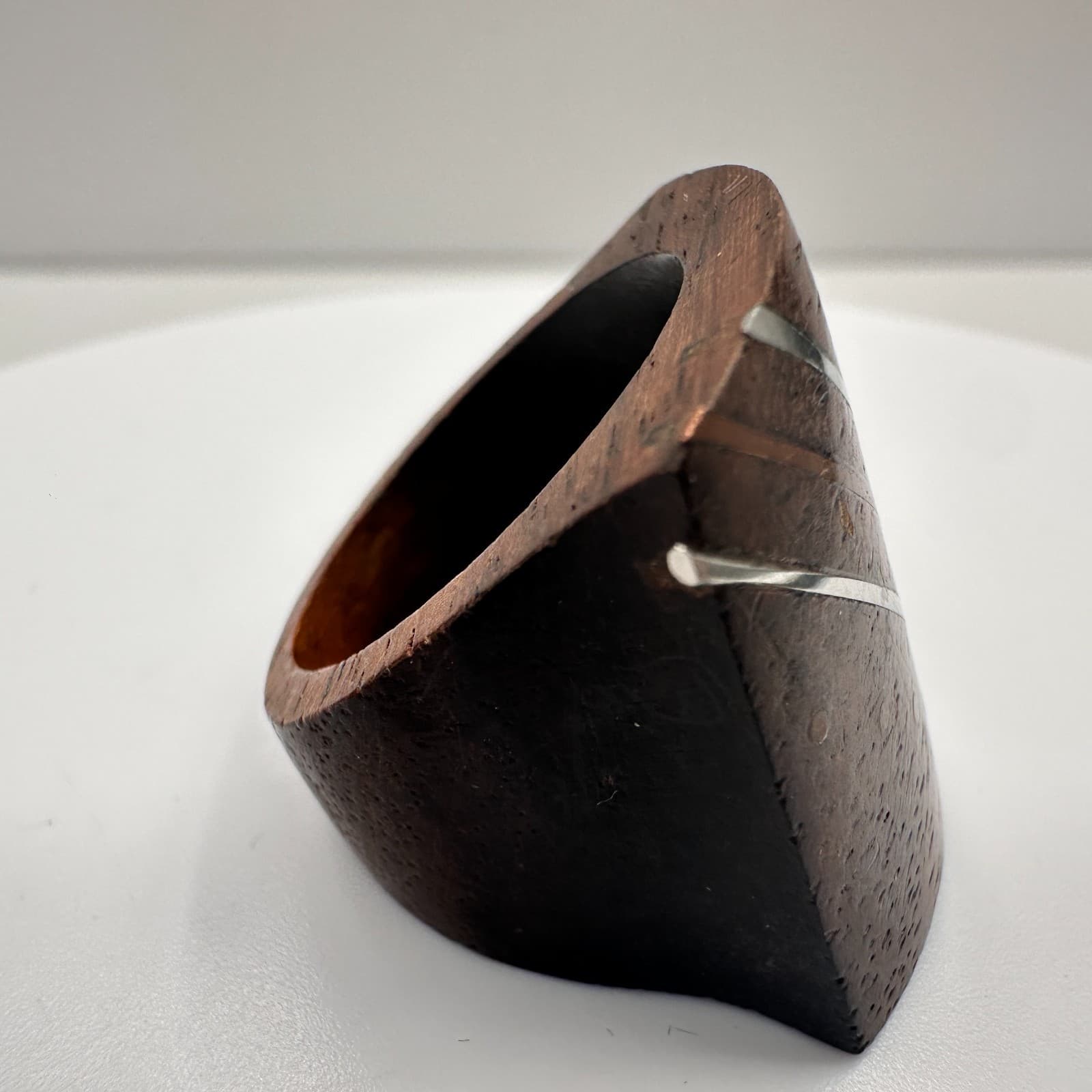 Vintage 80s Wooden Geometric Ring Silver Tone Women's Classic Fashion Jewelry - Thumbnail 3