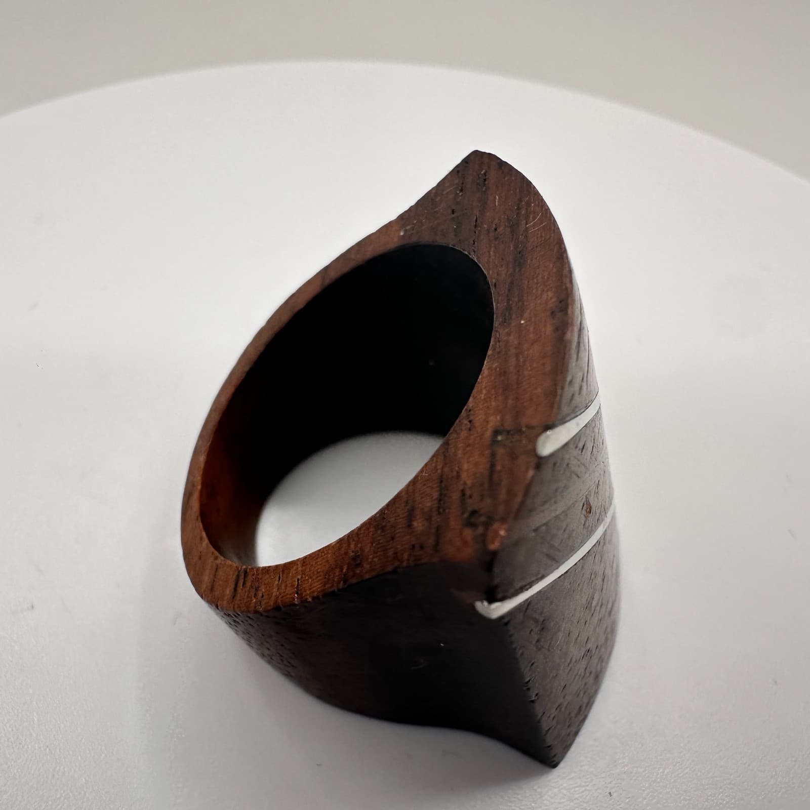 Vintage 80s Wooden Geometric Ring Silver Tone Women's Classic Fashion Jewelry - Thumbnail 4