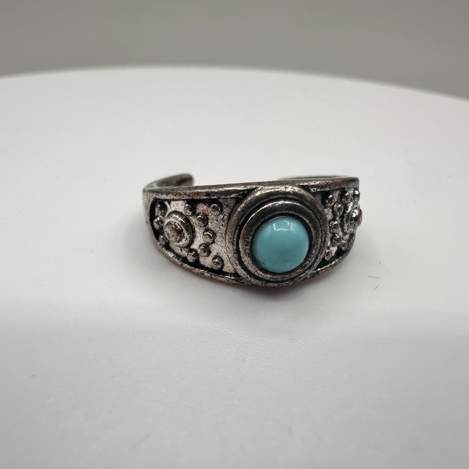 Vintage 90s Silver Tone Blue Glass Cabochon Ring Boho Women's Classic Jewelry - Image 1