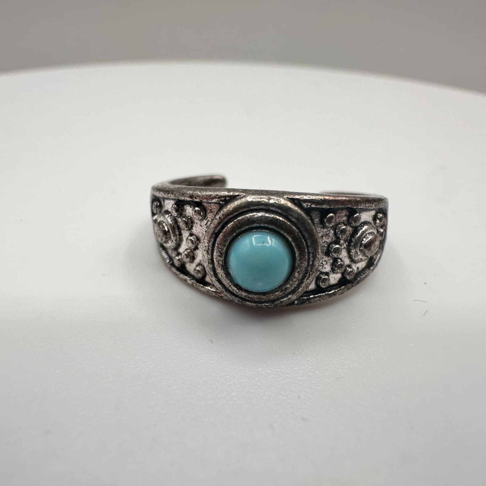Vintage 90s Silver Tone Blue Glass Cabochon Ring Boho Women's Classic Jewelry - Thumbnail 2