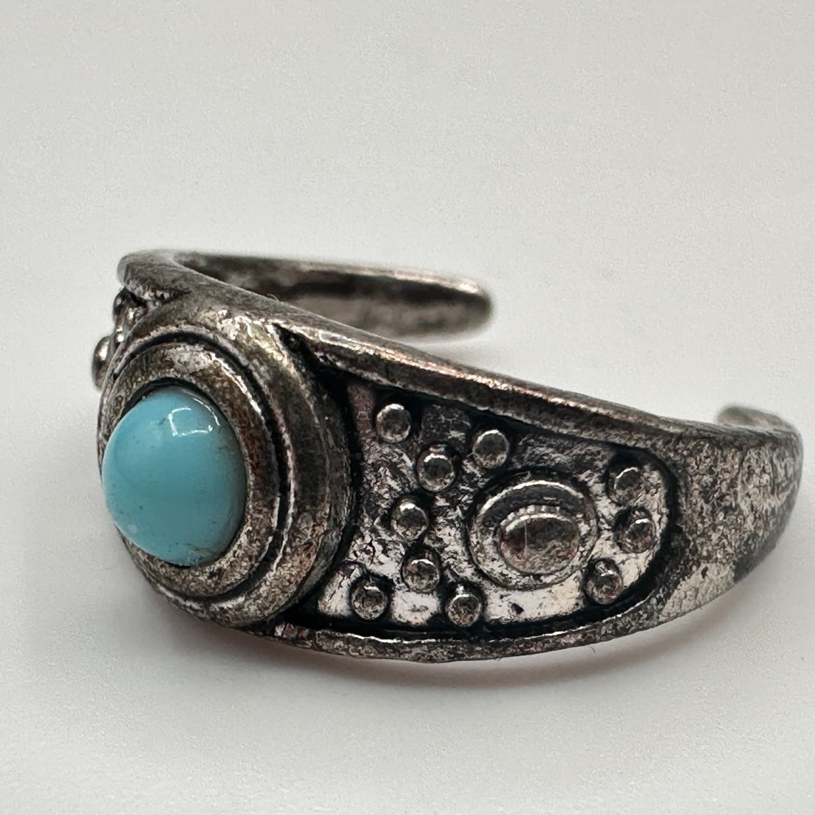 Vintage 90s Silver Tone Blue Glass Cabochon Ring Boho Women's Classic Jewelry - Thumbnail 6