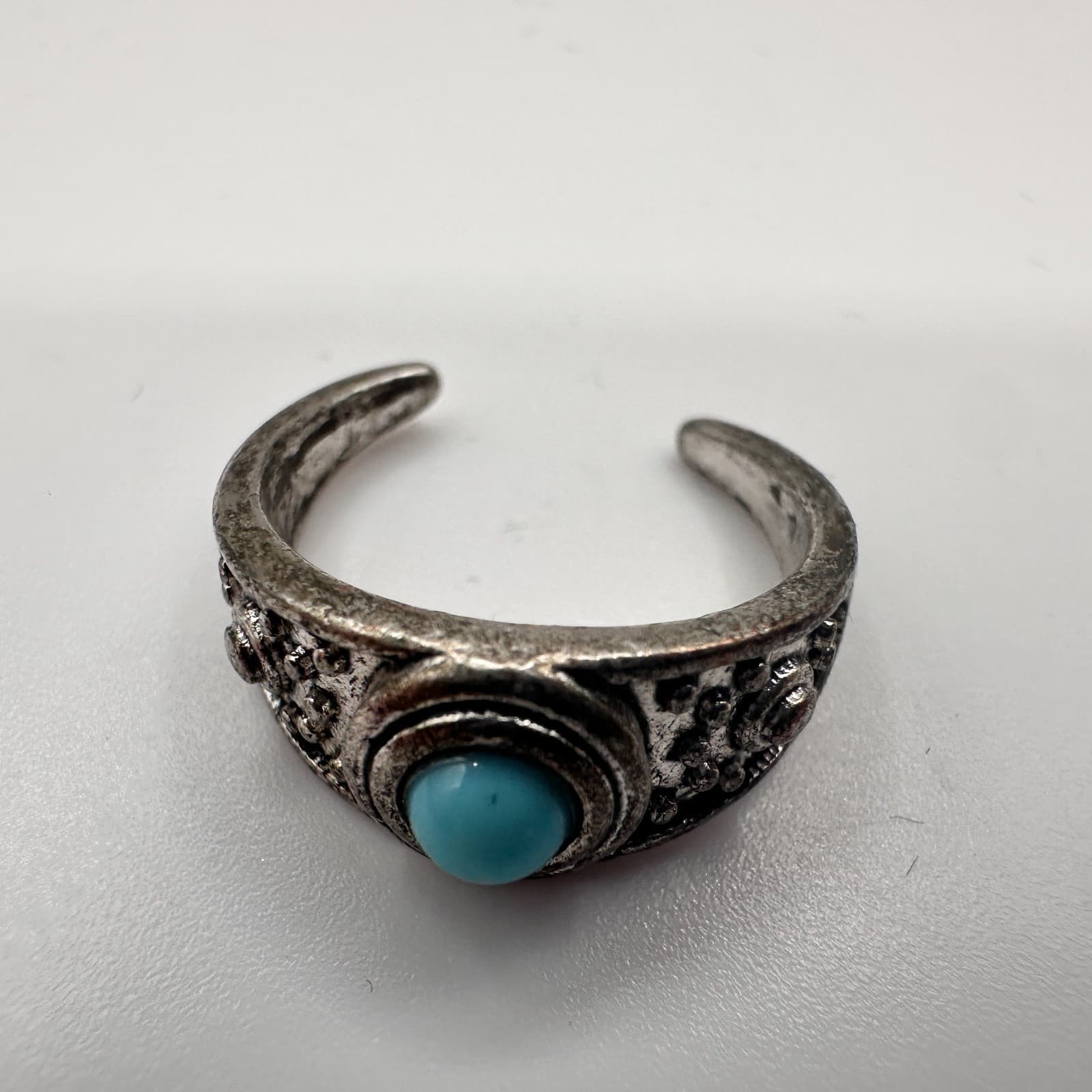 Vintage 90s Silver Tone Blue Glass Cabochon Ring Boho Women's Classic Jewelry - Thumbnail 3