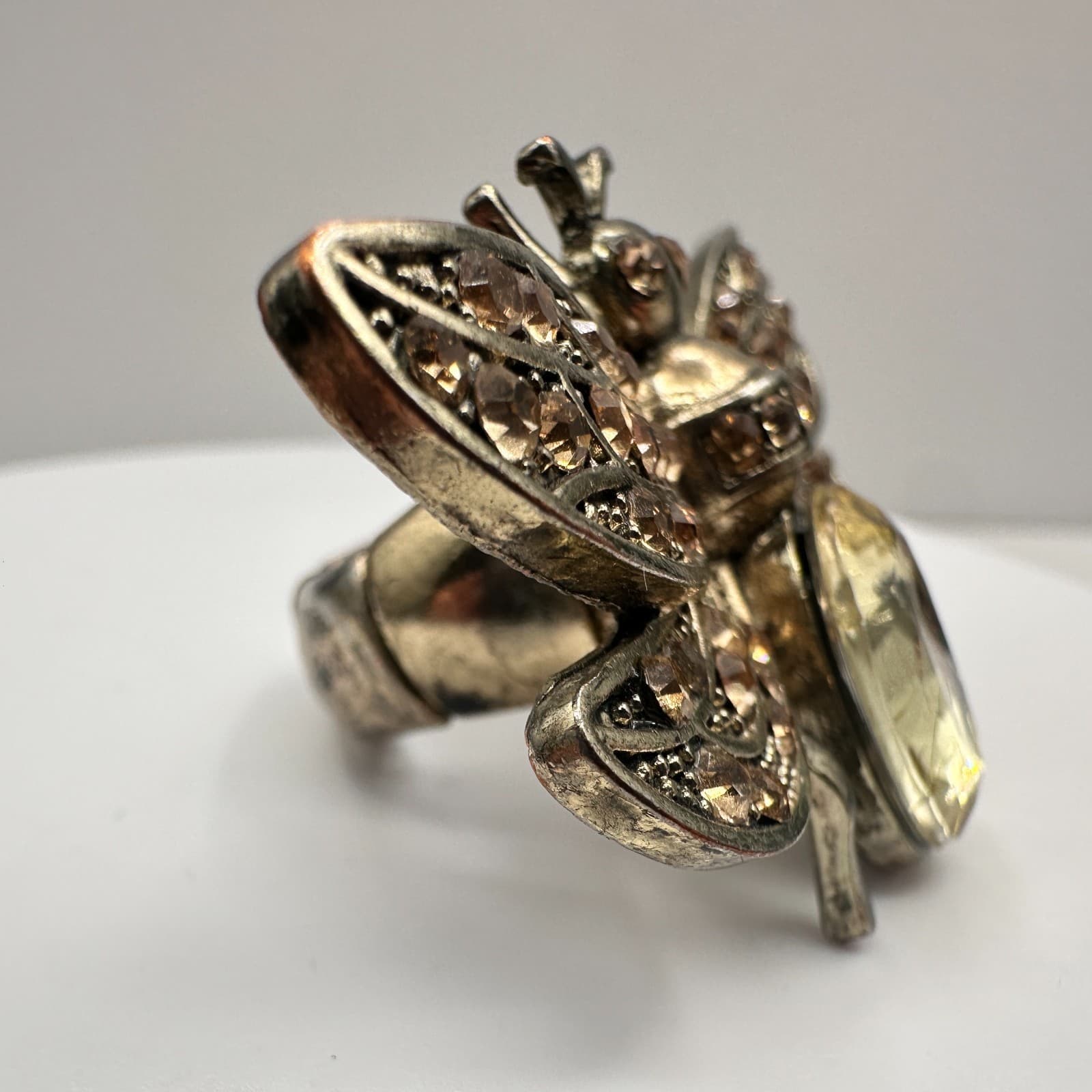 Vintage 90s Gold Tone Yellow Glass Rhinestone Bee Ring Statement Women's Jewelry - Thumbnail 3