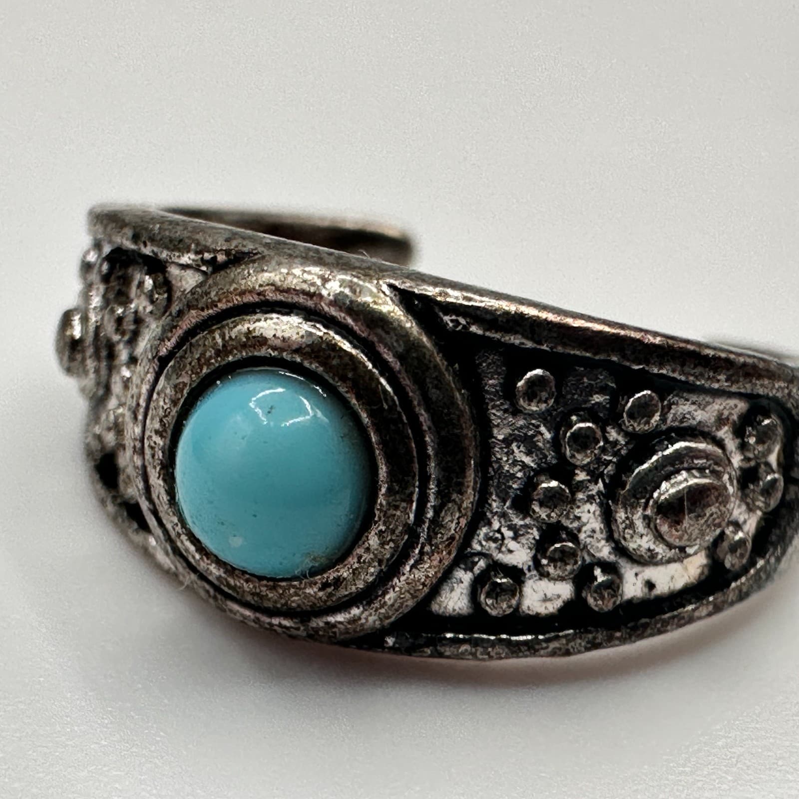 Vintage 90s Silver Tone Blue Glass Cabochon Ring Boho Women's Classic Jewelry - Thumbnail 7