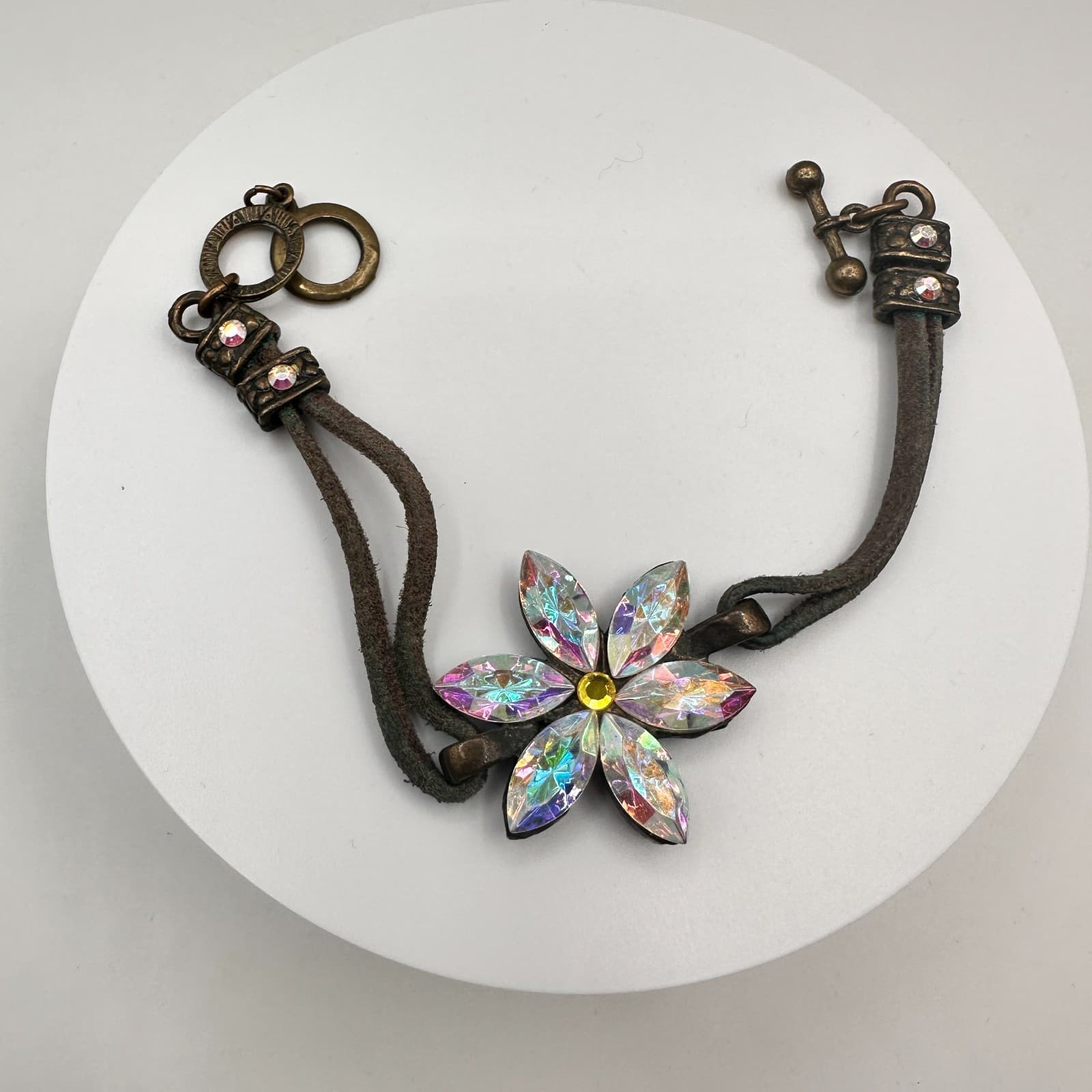 Vintage 90s Leather Cord Bracelet Bronze Tone Iridescent Crystal Flower Boho - Image 1