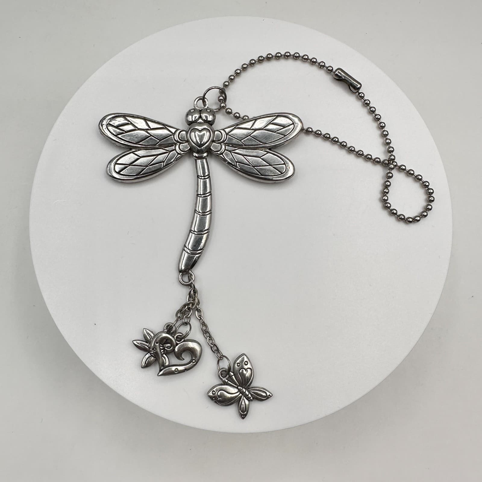 Vintage 90s Dragonfly ORNAMET Silver Tone Heart Butterfly Car Charm Jewelry - Image 1