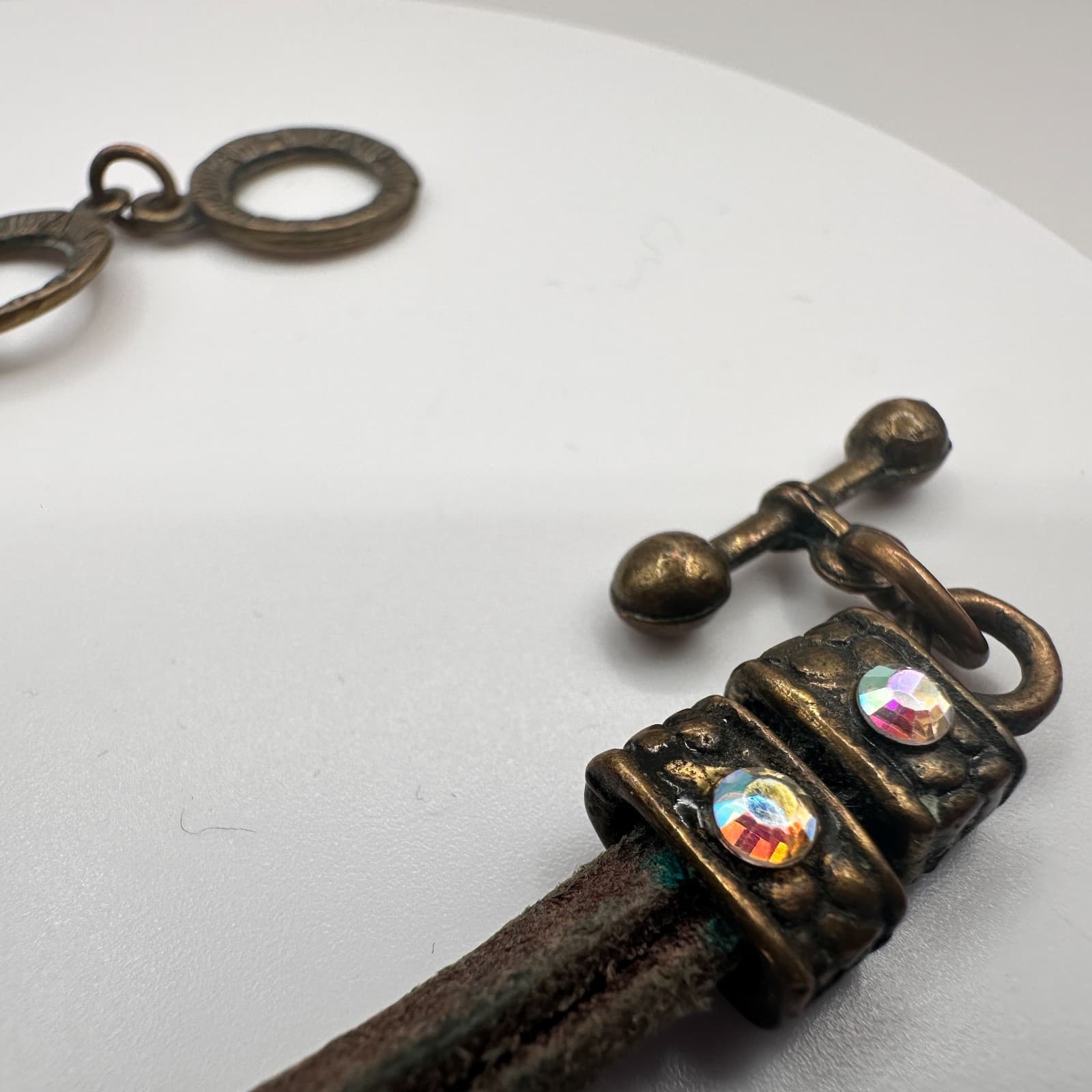 Vintage 90s Leather Cord Bracelet Bronze Tone Iridescent Crystal Flower Boho - Thumbnail 5