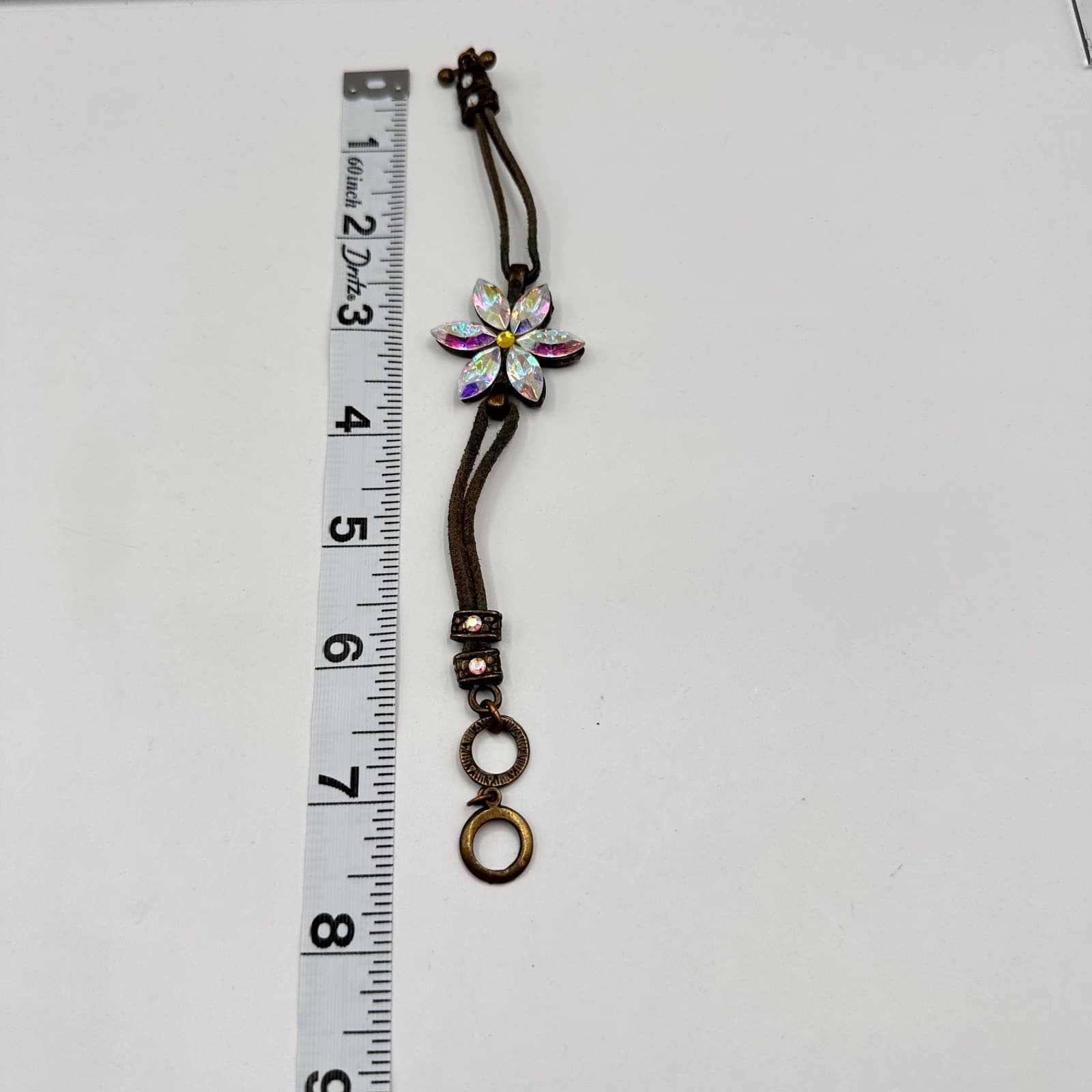 Vintage 90s Leather Cord Bracelet Bronze Tone Iridescent Crystal Flower Boho - Thumbnail 6
