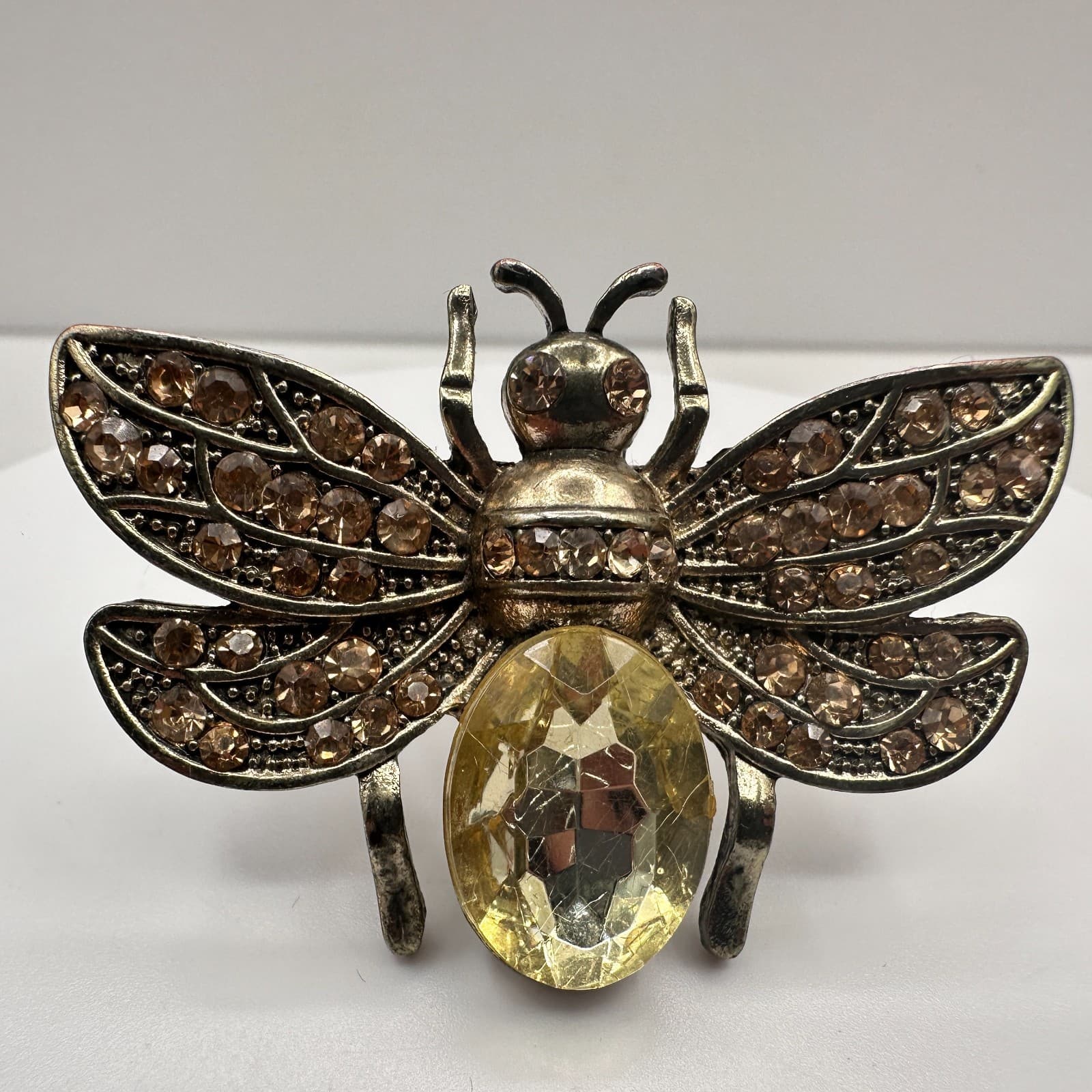 Vintage 90s Gold Tone Yellow Glass Rhinestone Bee Ring Statement Women's Jewelry - Thumbnail 2