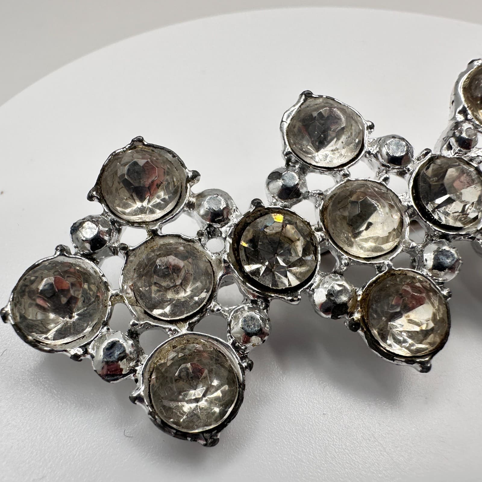 Vintage 90s Silver Tone Clear Rhinestone Geometric Brooch Pin Statement Jewelry - Thumbnail 4