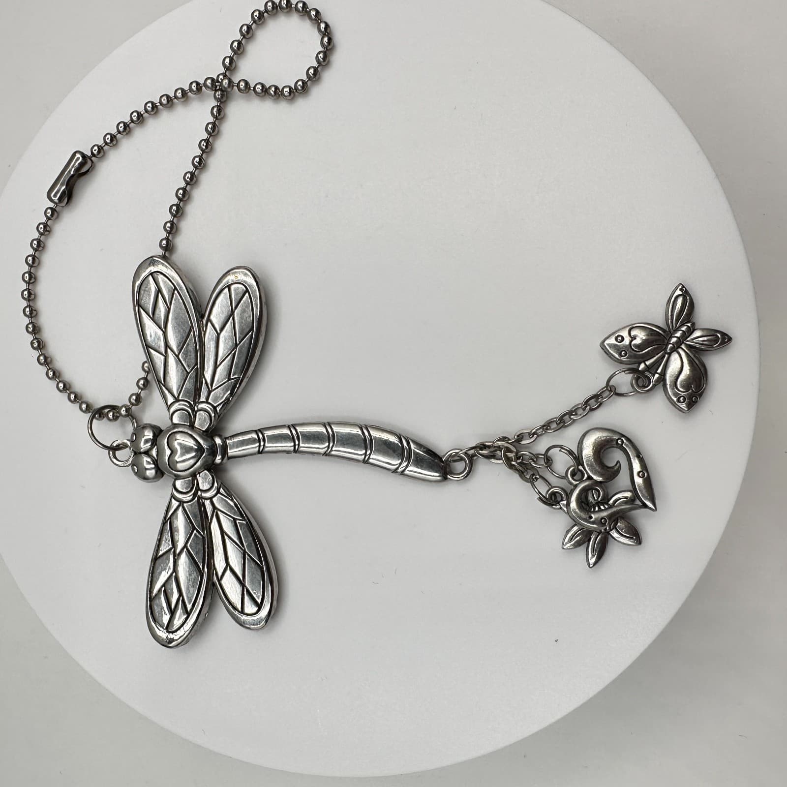 Vintage 90s Dragonfly ORNAMET Silver Tone Heart Butterfly Car Charm Jewelry - Thumbnail 7