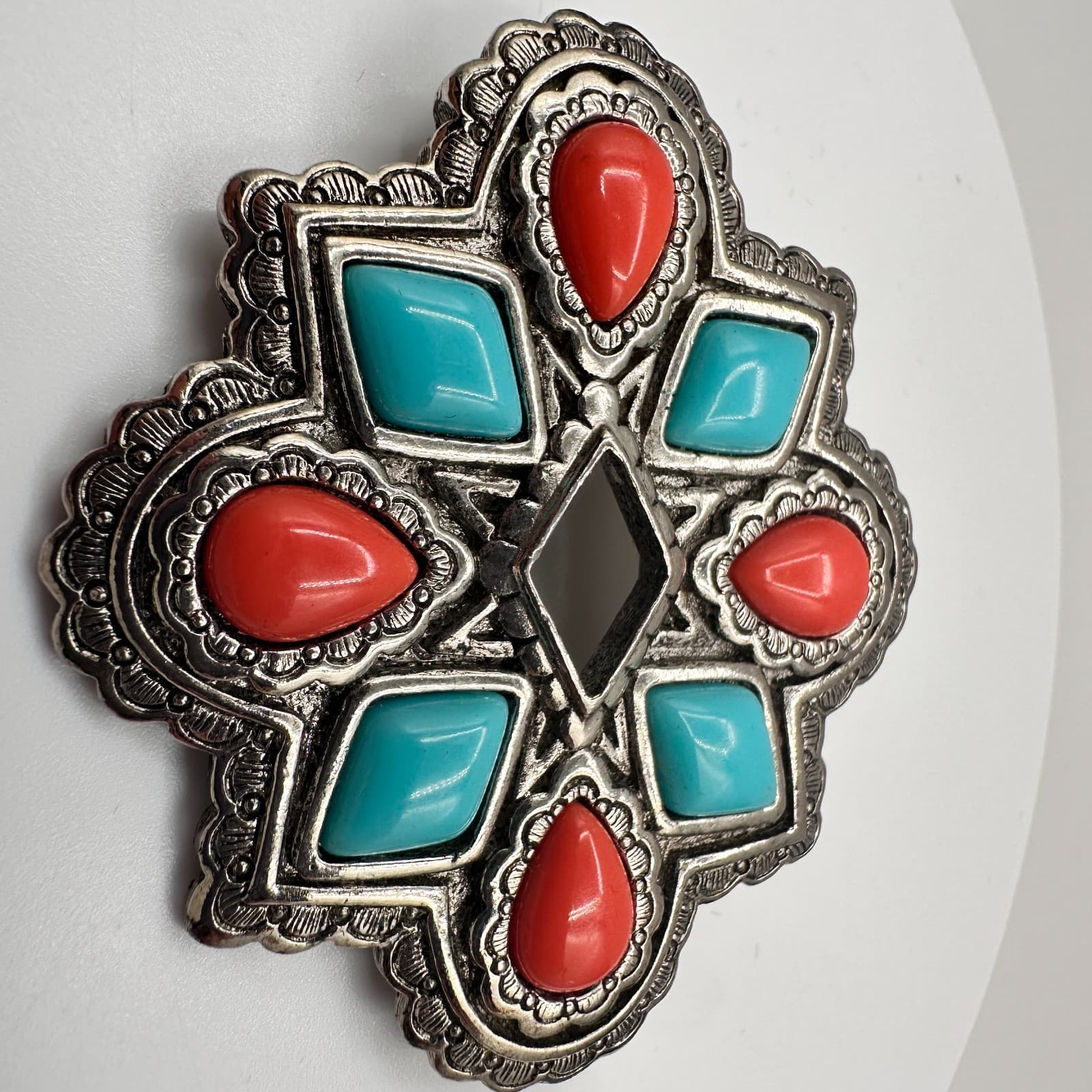 Vintage 90s Avon Brooch Pin Pendant Turquoise Coral Faux Stones Silver Tone - Thumbnail 3
