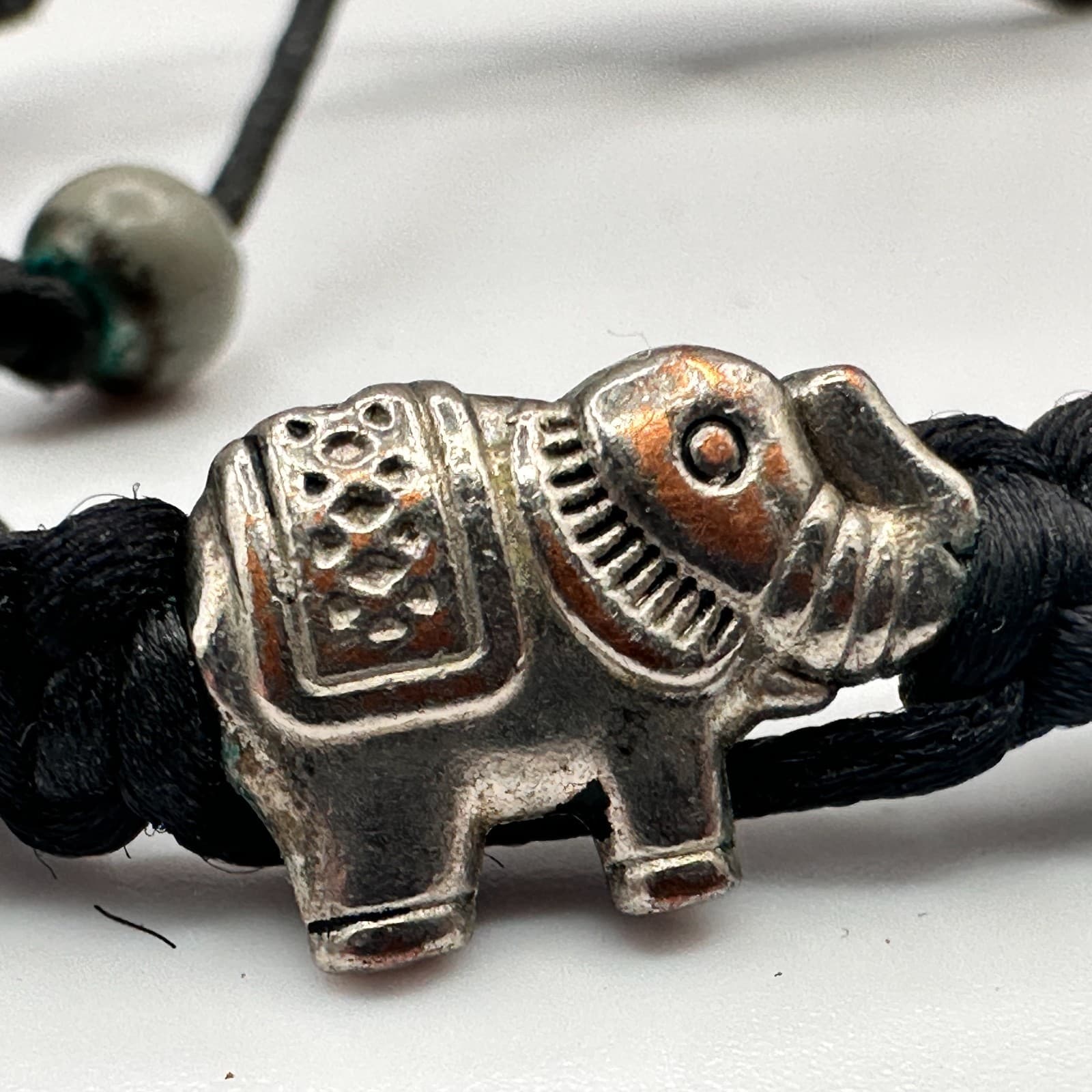 Vintage 90s Silver Tone Elephant Charm Black Braided Cord Bracelet Adjustable - Thumbnail 7