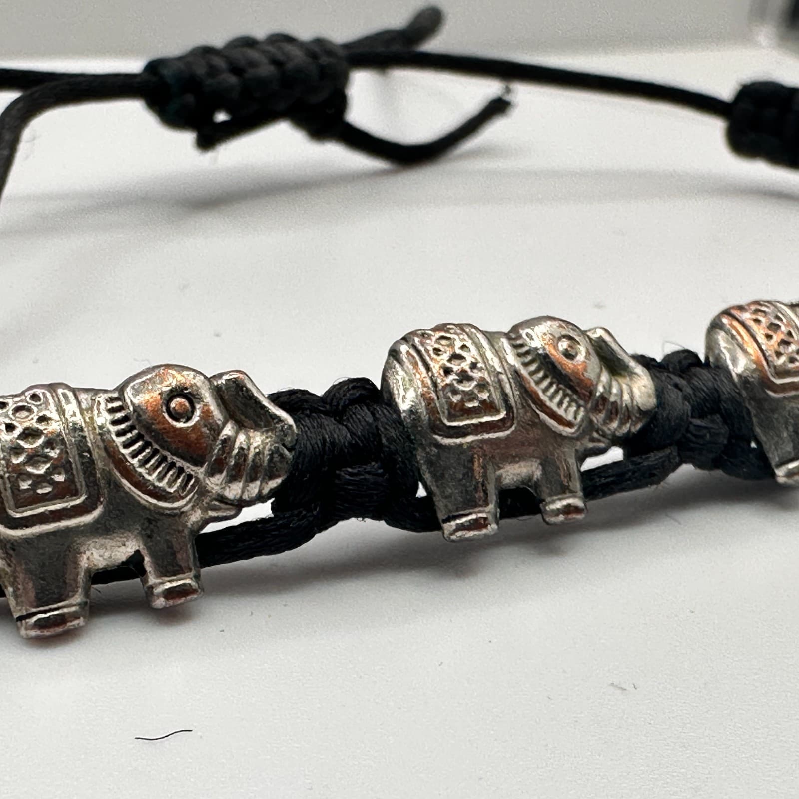 Vintage 90s Silver Tone Elephant Charm Black Braided Cord Bracelet Adjustable - Thumbnail 8