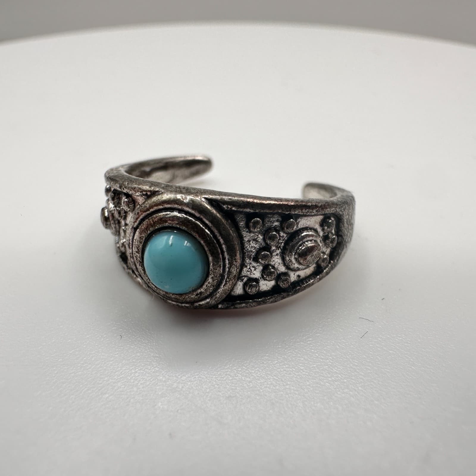 Vintage 90s Silver Tone Blue Glass Cabochon Ring Boho Women's Classic Jewelry - Thumbnail 4