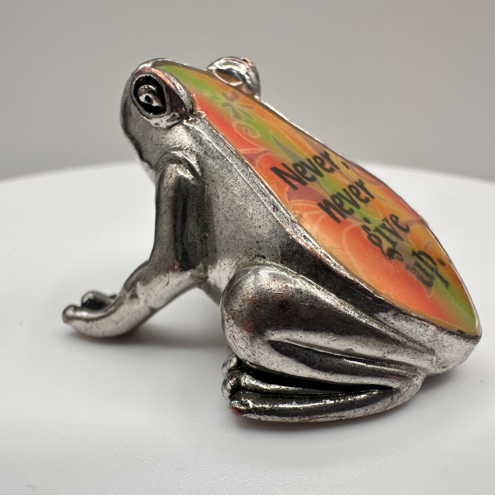 Vintage 90s Silver Tone Frog Figurine Never Never Give Up Inspirational Jewelry - Thumbnail 4