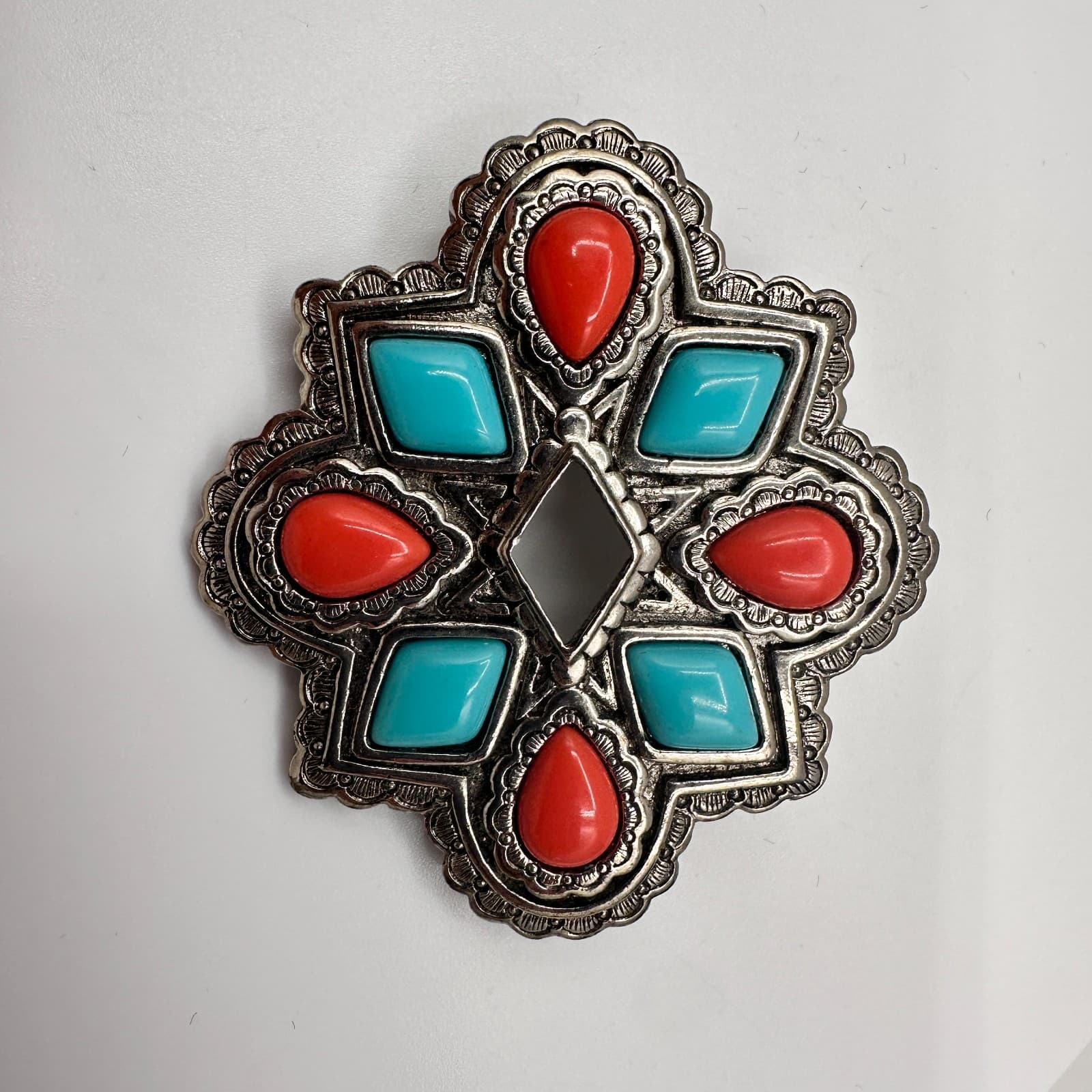 Vintage 90s Avon Brooch Pin Pendant Turquoise Coral Faux Stones Silver Tone - Thumbnail 2