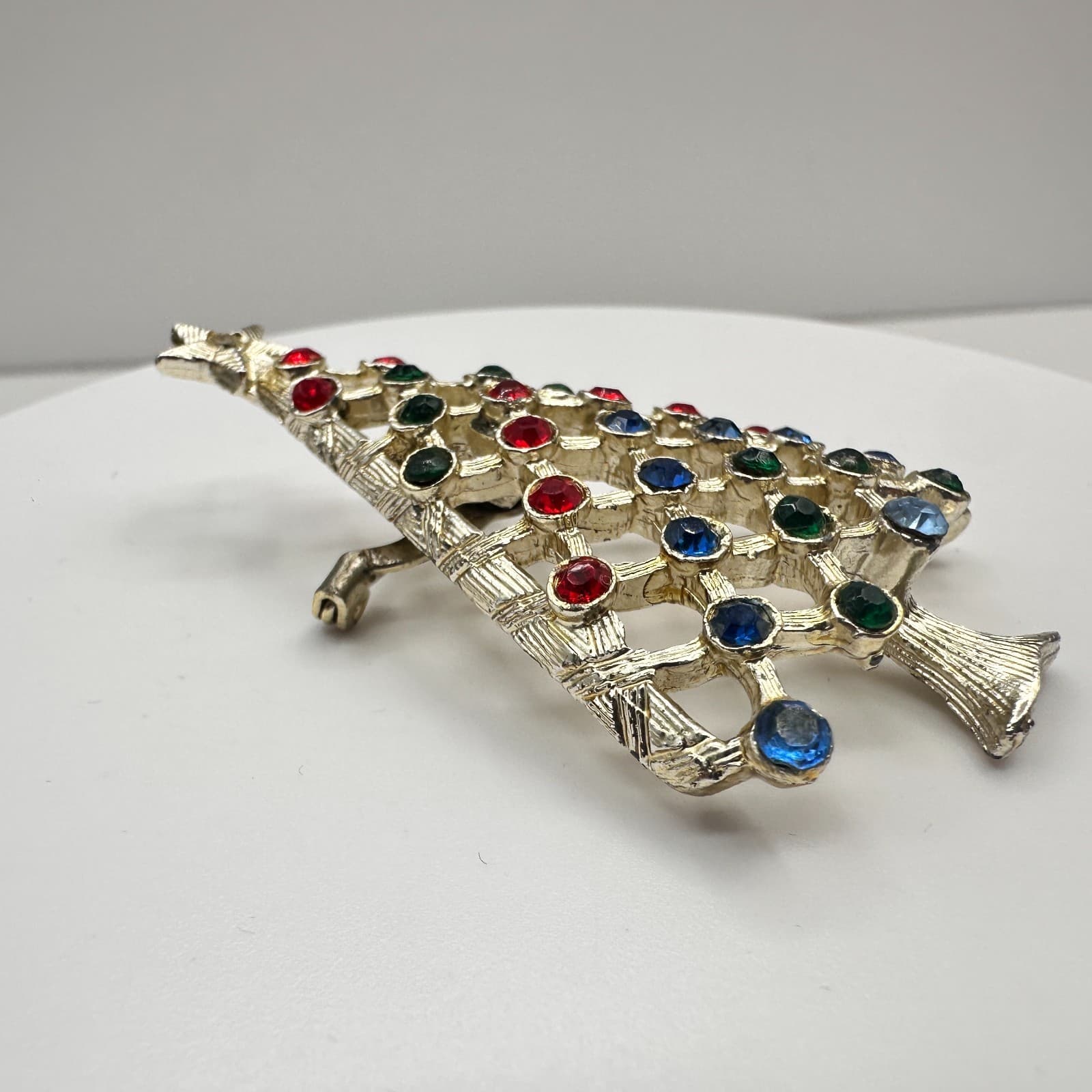 Vintage 90s Christmas Tree Holiday Brooch Pin Silver Tone Rhinestone Jewelry - Thumbnail 3