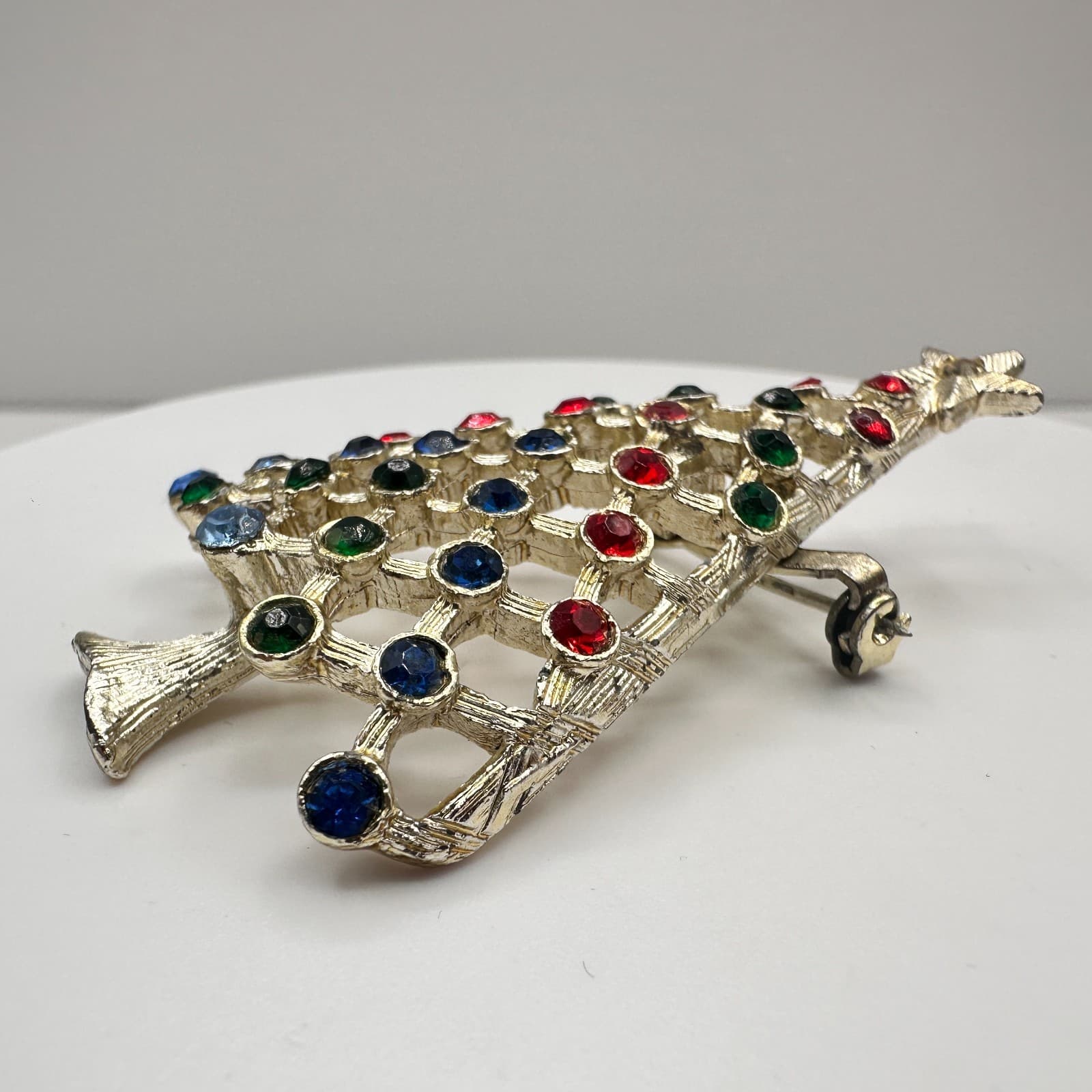 Vintage 90s Christmas Tree Holiday Brooch Pin Silver Tone Rhinestone Jewelry - Thumbnail 5