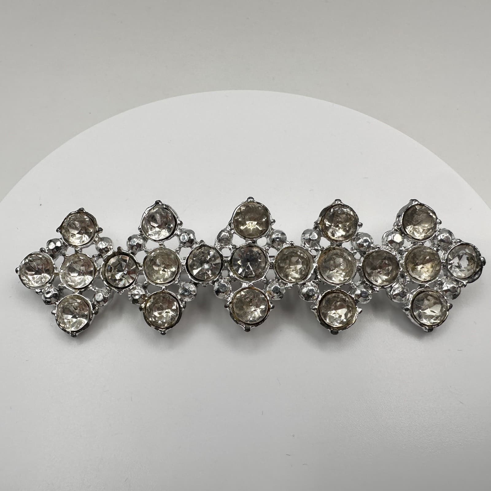 Vintage 90s Silver Tone Clear Rhinestone Geometric Brooch Pin Statement Jewelry - Thumbnail 2