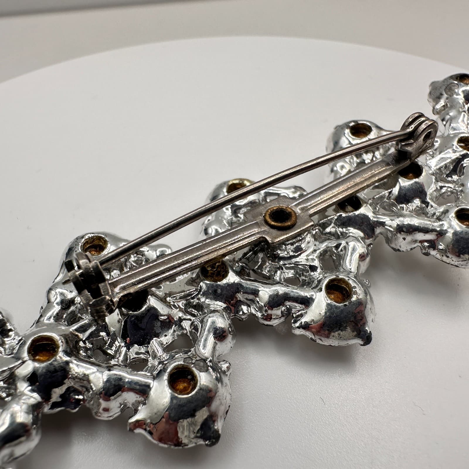 Vintage 90s Silver Tone Clear Rhinestone Geometric Brooch Pin Statement Jewelry - Thumbnail 6