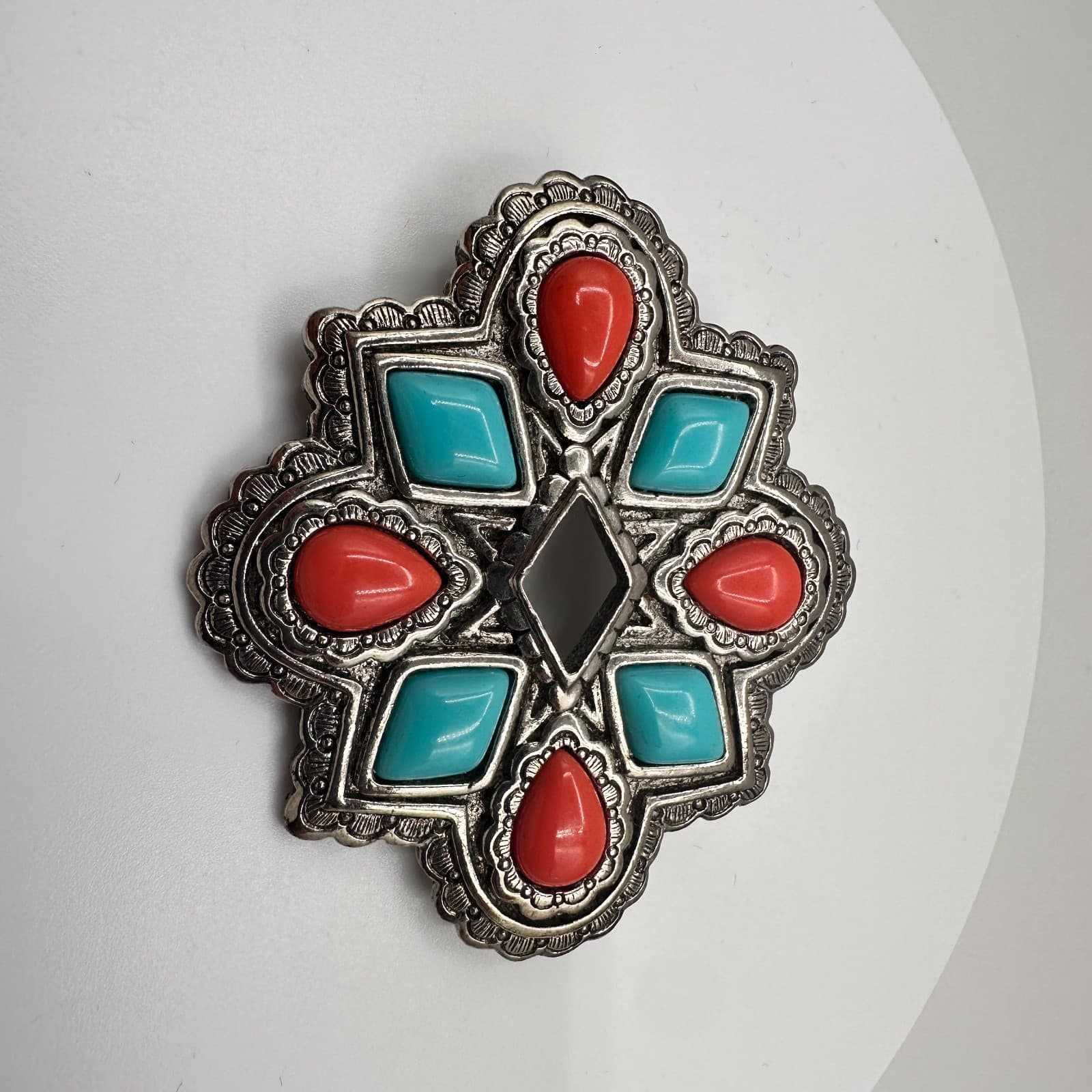Vintage 90s Avon Brooch Pin Pendant Turquoise Coral Faux Stones Silver Tone - Image 1