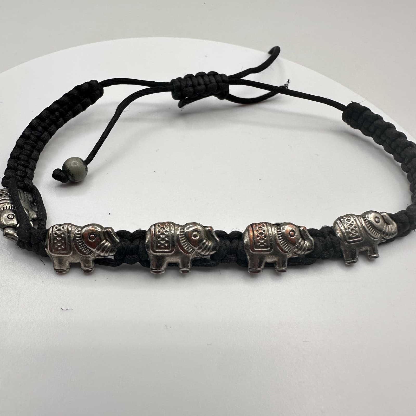 Vintage 90s Silver Tone Elephant Charm Black Braided Cord Bracelet Adjustable - Thumbnail 6