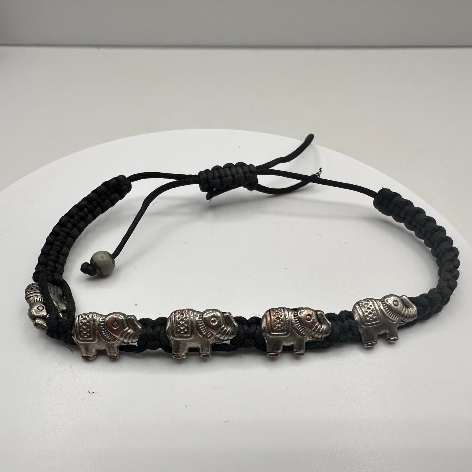 Vintage 90s Silver Tone Elephant Charm Black Braided Cord Bracelet Adjustable - Thumbnail 9