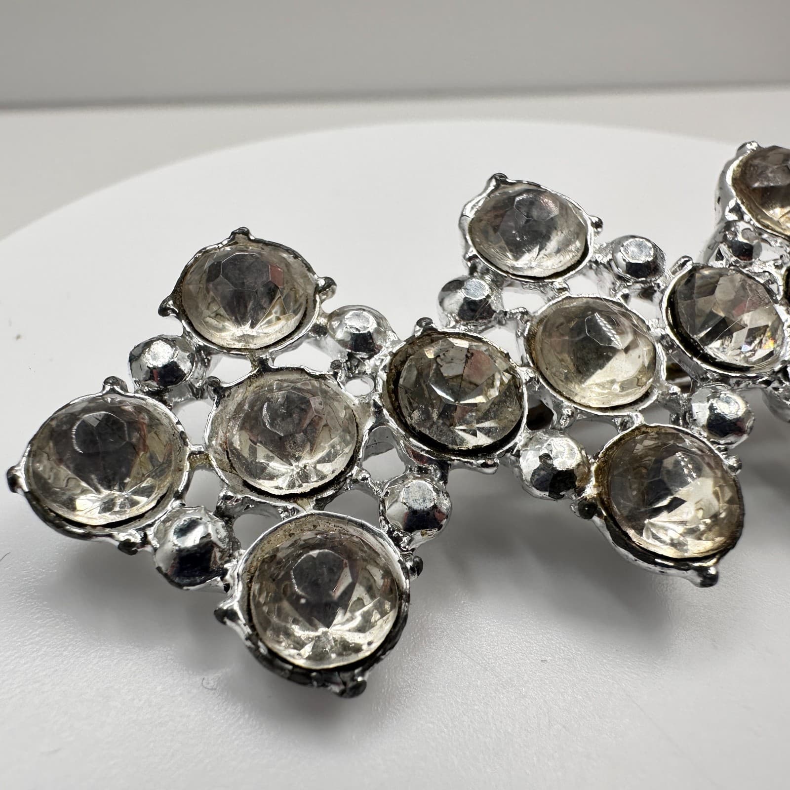 Vintage 90s Silver Tone Clear Rhinestone Geometric Brooch Pin Statement Jewelry - Thumbnail 3