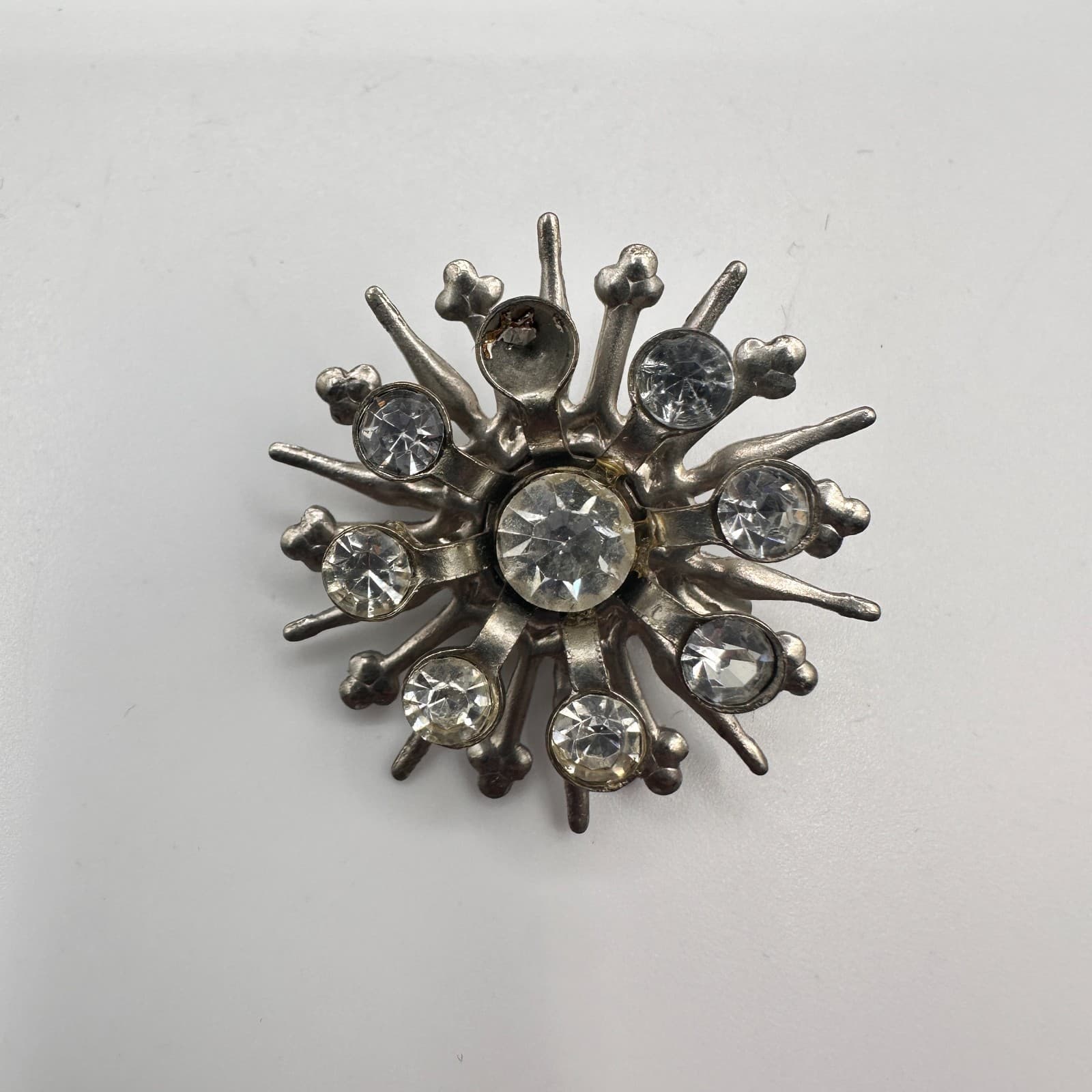 Vintage 90s Starburst Brooch Pin Silver tone Clear Rhinestone Missing Stone - Thumbnail 6