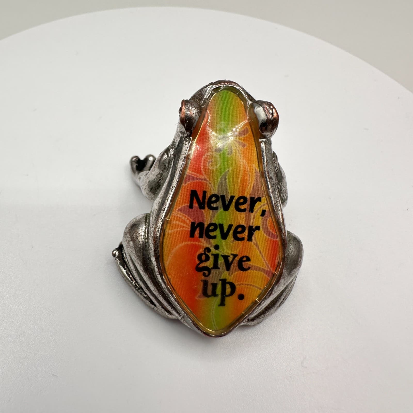 Vintage 90s Silver Tone Frog Figurine Never Never Give Up Inspirational Jewelry - Thumbnail 5