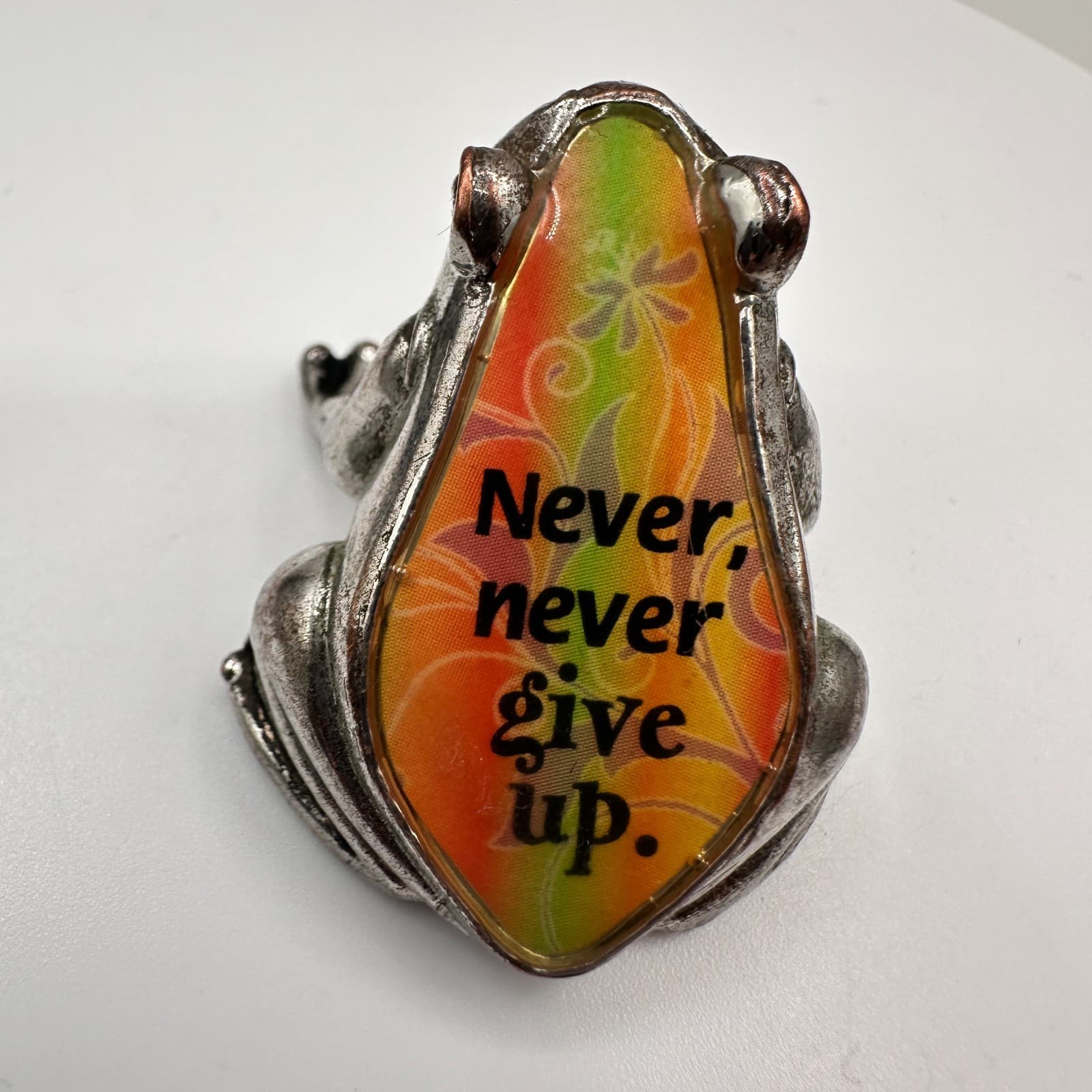 Vintage 90s Silver Tone Frog Figurine Never Never Give Up Inspirational Jewelry - Thumbnail 6
