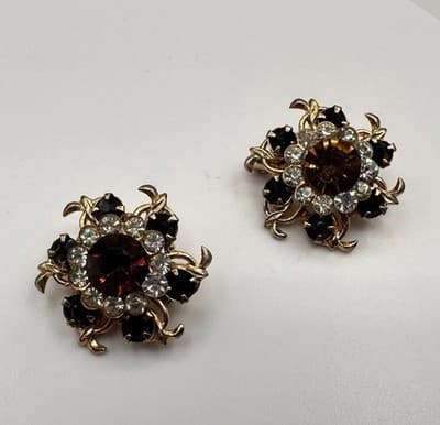 Vintage 90s Gold Tone Floral Pin Brooch Set Amber & Rhinestone Women's Jewelry - Image 1