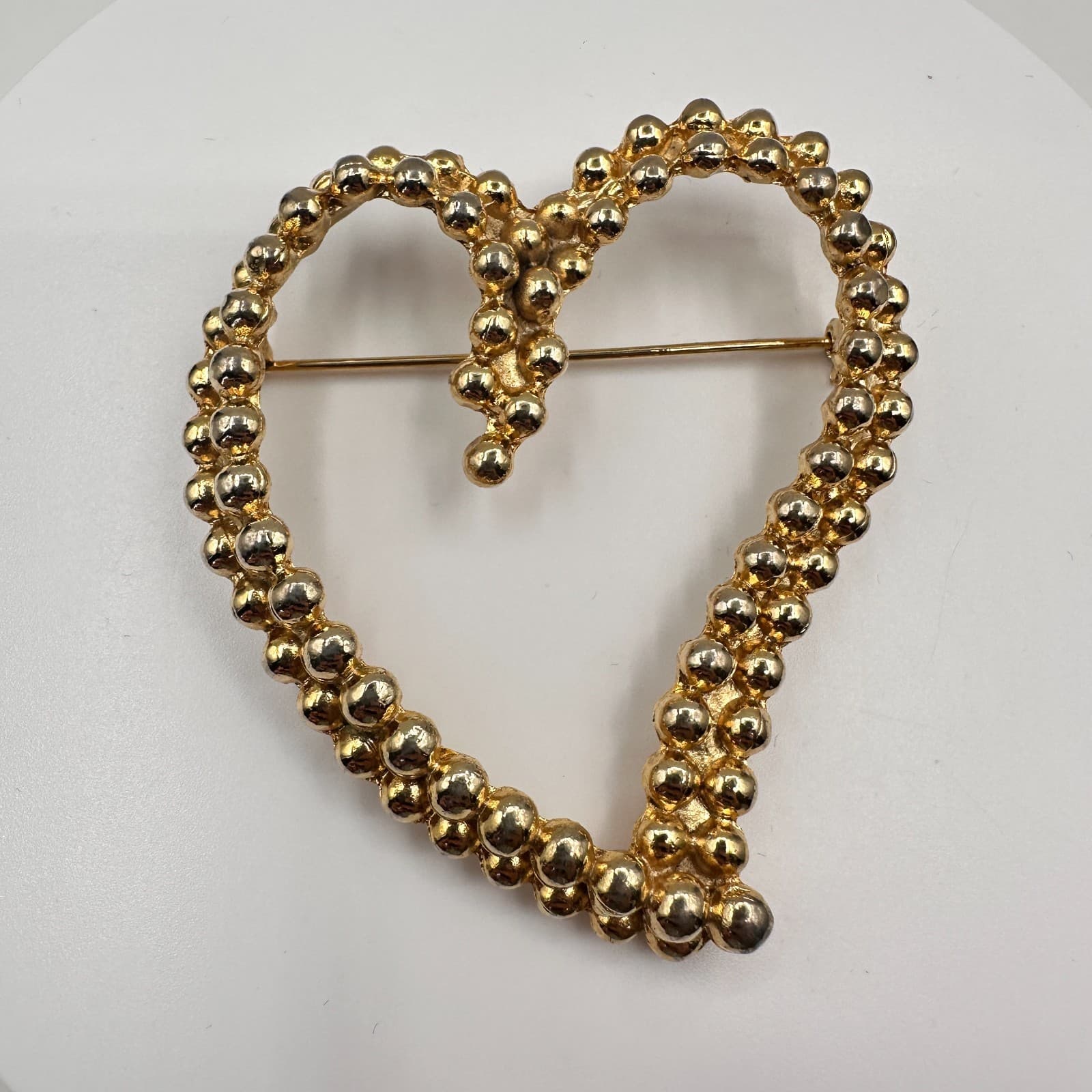 Vintage 90s Gold Tone Open Heart Brooch Pin Beaded Bubble Statement Jewelry - Thumbnail 2