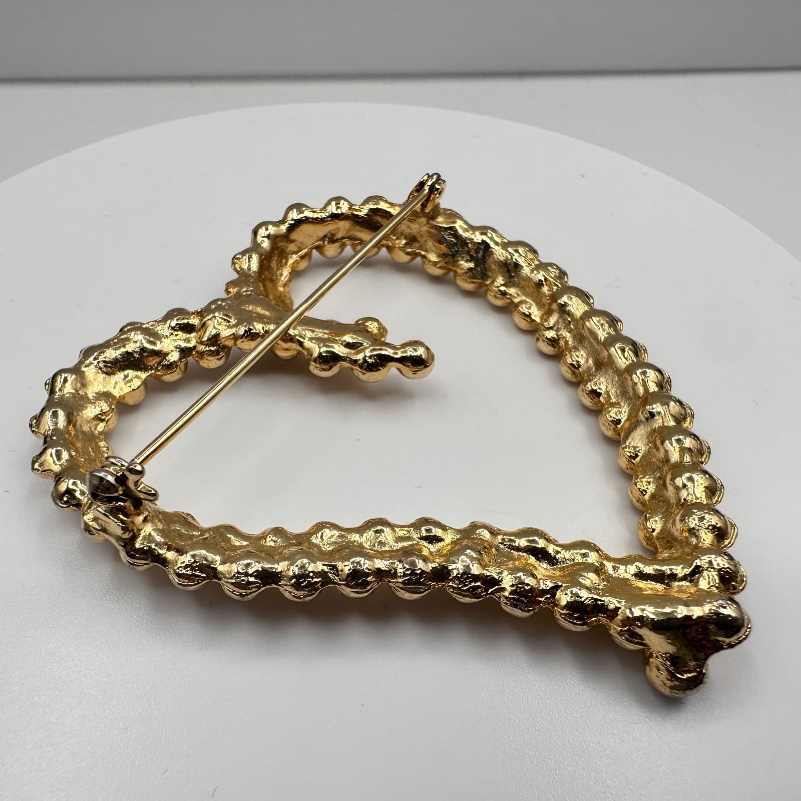 Vintage 90s Gold Tone Open Heart Brooch Pin Beaded Bubble Statement Jewelry - Thumbnail 9