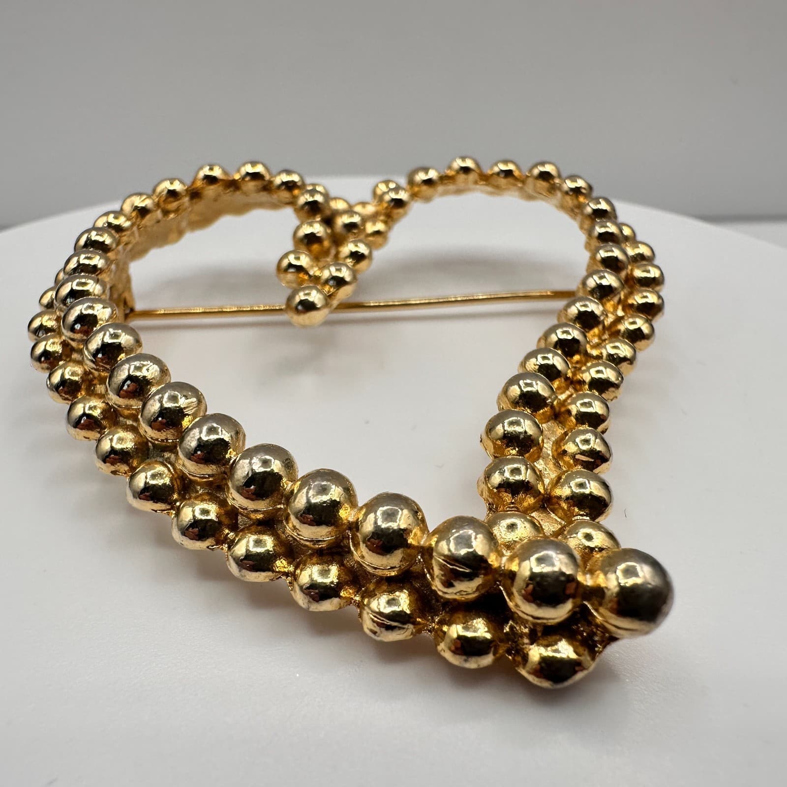 Vintage 90s Gold Tone Open Heart Brooch Pin Beaded Bubble Statement Jewelry - Thumbnail 5