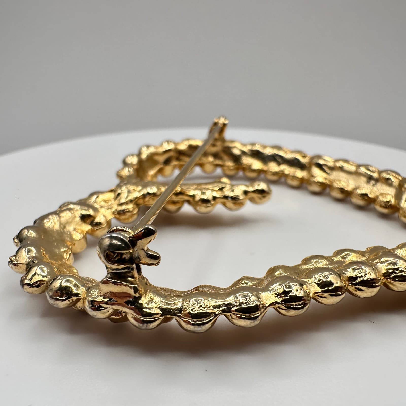 Vintage 90s Gold Tone Open Heart Brooch Pin Beaded Bubble Statement Jewelry - Thumbnail 7